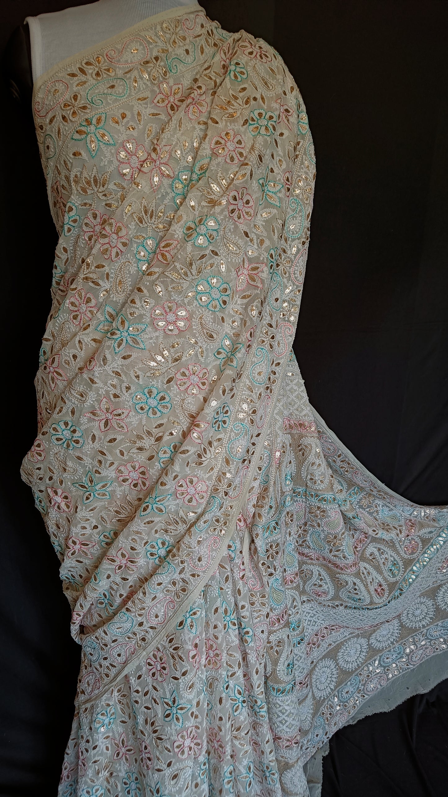 Ruhani Ivory Saree Allover Chikankari Multicolored Resham and Gota Patti Work