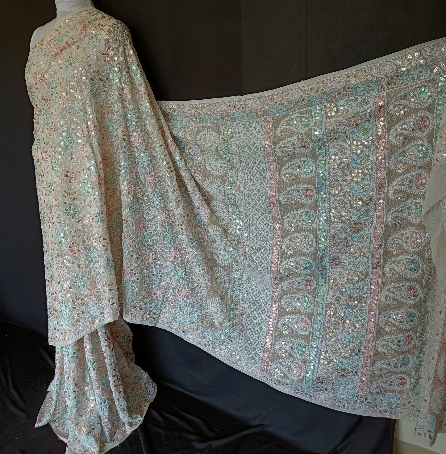 Ruhani Ivory Saree Allover Chikankari Multicolored Resham and Gota Patti Work