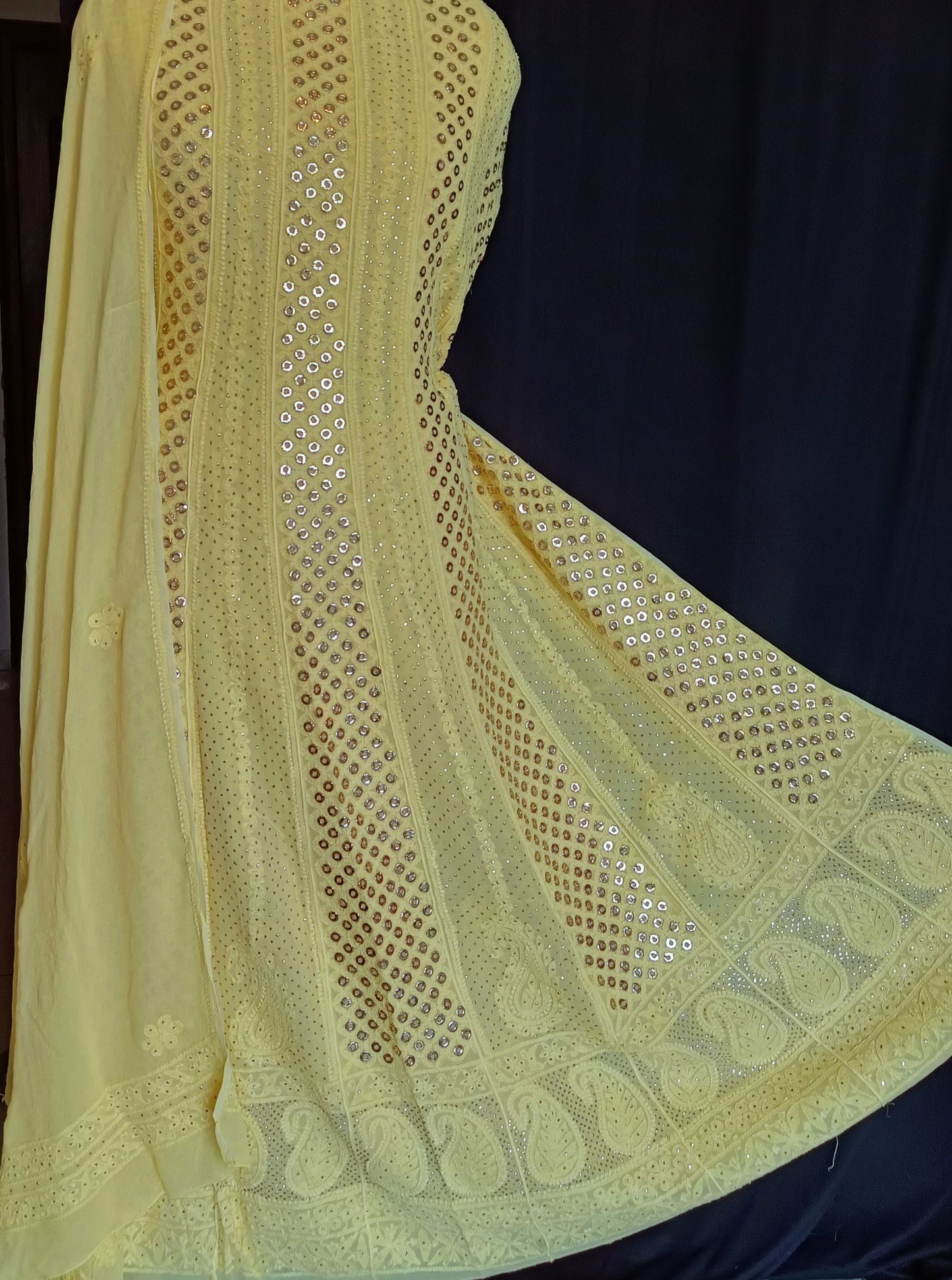Lemon Yellow Allover Chikankari and Heavy Ring Mukaish Anarkali with Dupatta