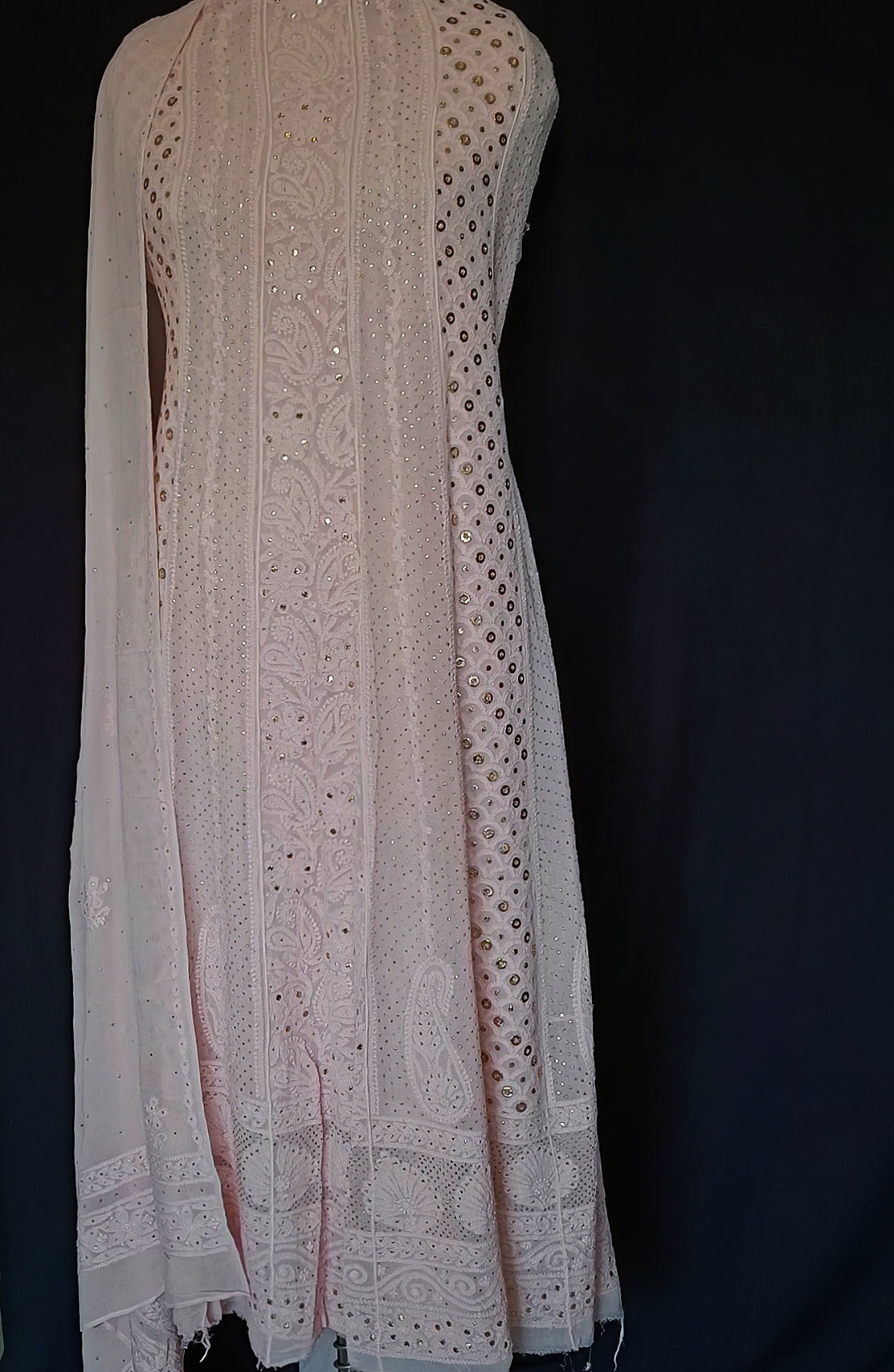Oyster Pink Allover Chikankari and Heavy Ring Mukaish Anarkali with Dupatta