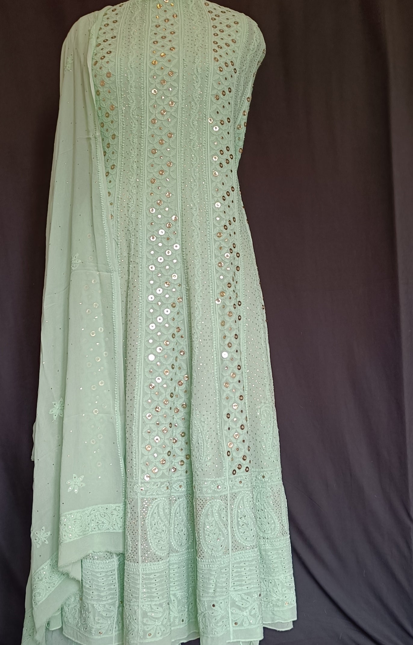 Sage green Allover Chikankari and Heavy Ring Mukaish Anarkali with Dupatta