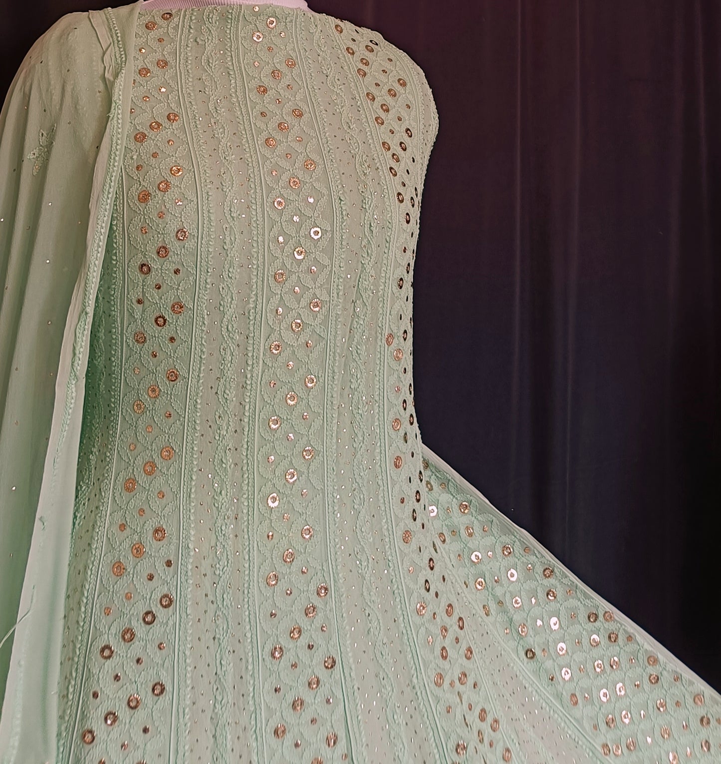Sage green Allover Chikankari and Heavy Ring Mukaish Anarkali with Dupatta