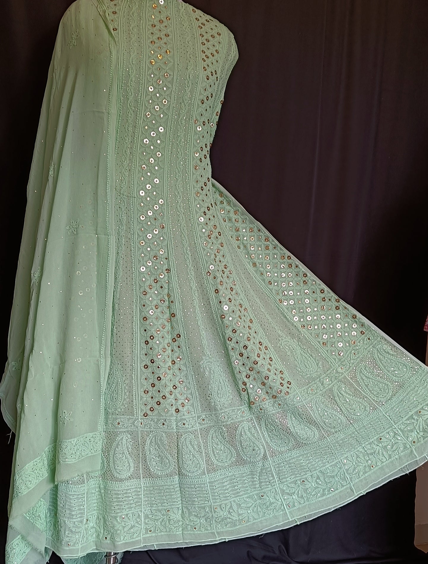 Sage green Allover Chikankari and Heavy Ring Mukaish Anarkali with Dupatta