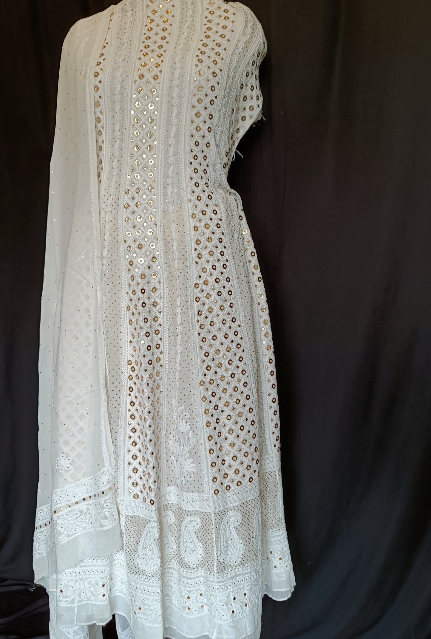 White Allover Chikankari and Heavy Ring Mukaish Anarkali with Dupatta