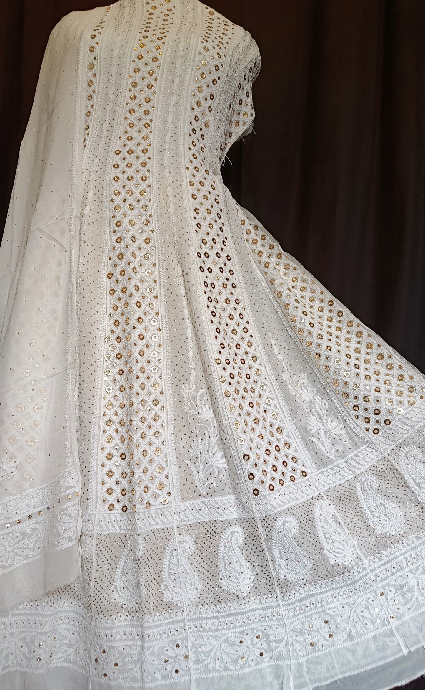 White Allover Chikankari and Heavy Ring Mukaish Anarkali with Dupatta