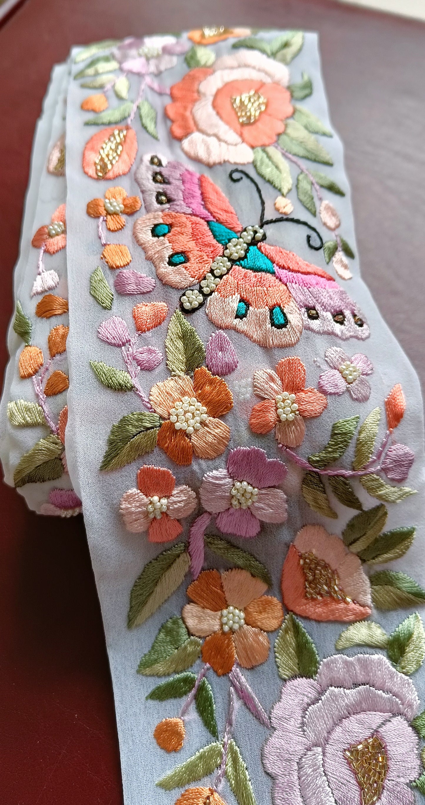 White Multicolored Hand Embroidered Parsi Gara Border