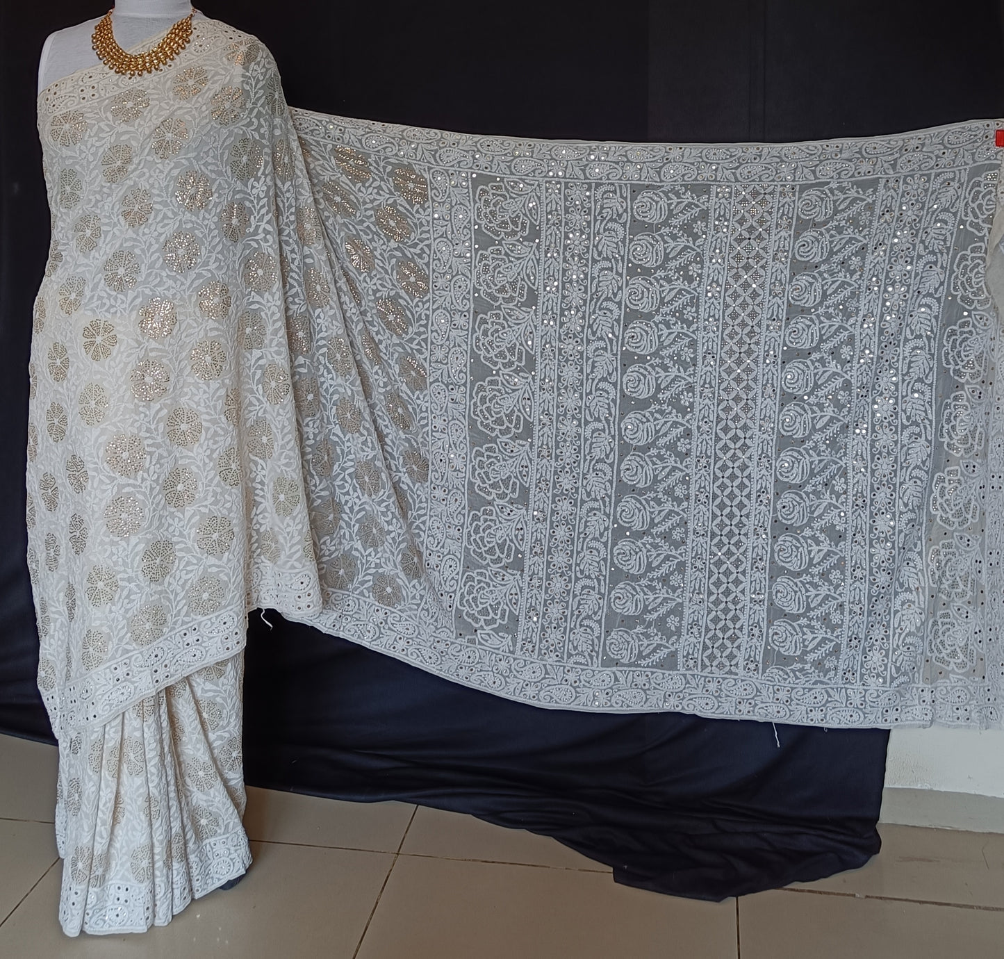 Ruhani Ivory Allover Chikankari and Mukaish Saree