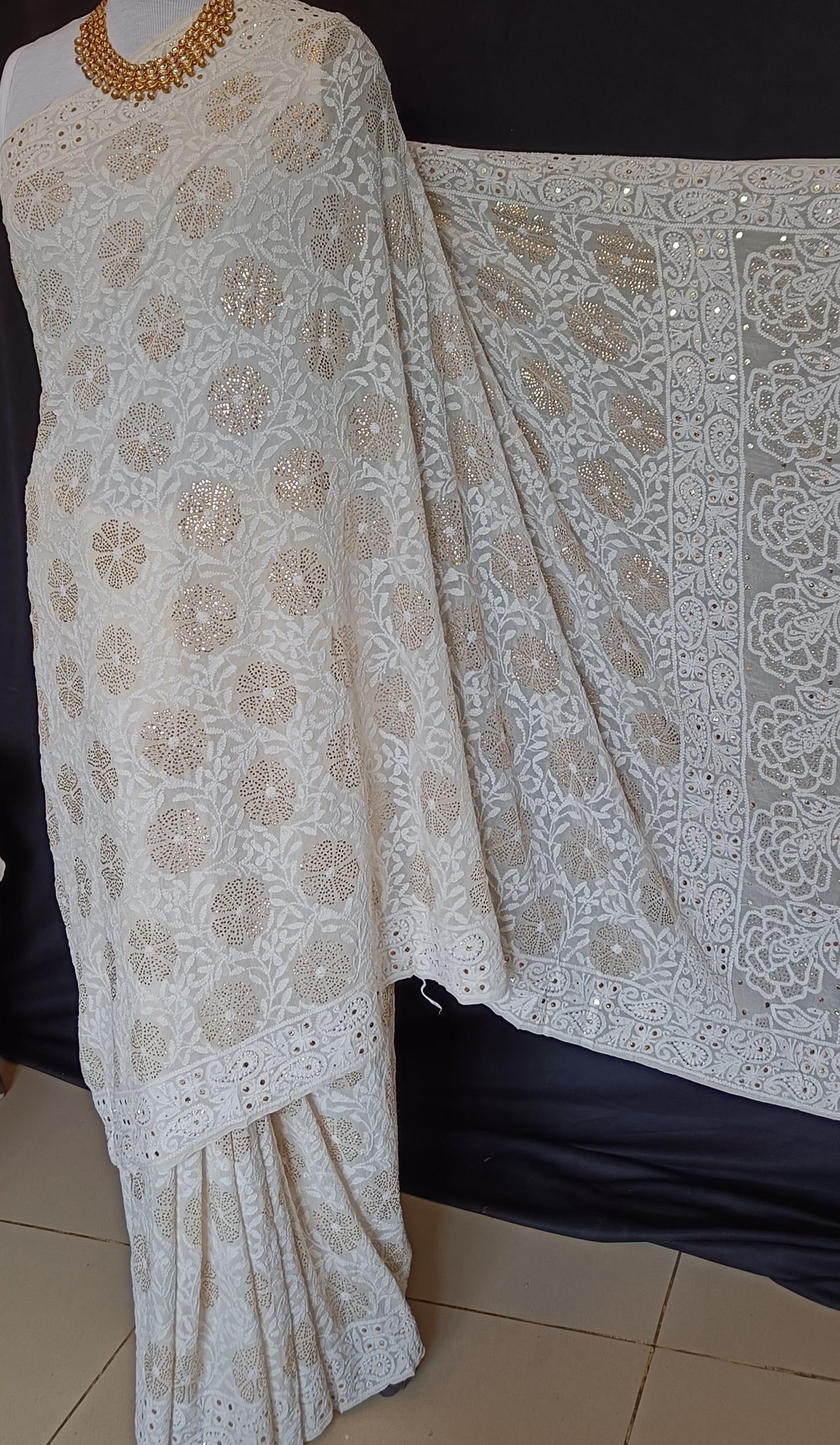 Ruhani Ivory Allover Chikankari and Mukaish Saree
