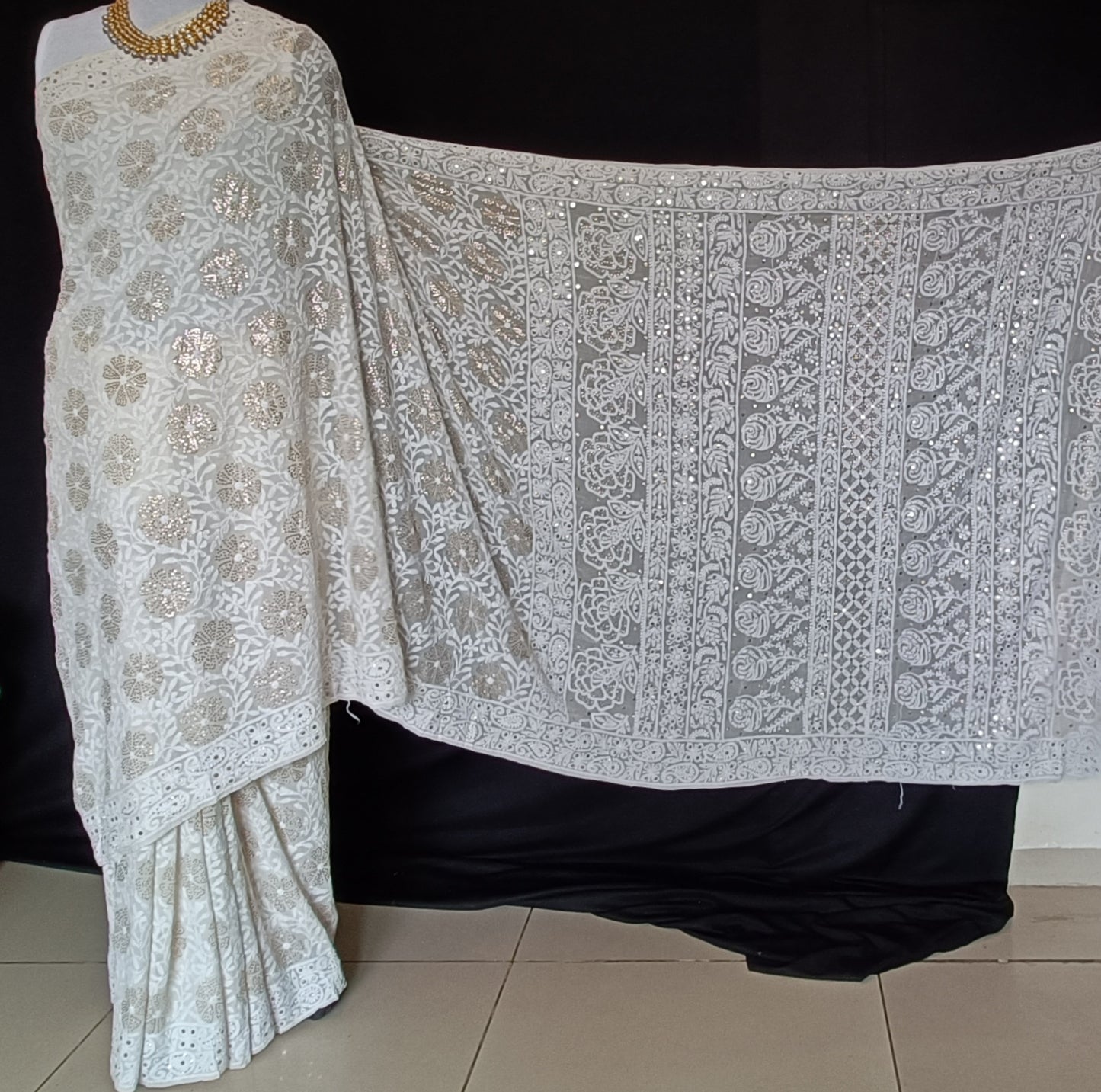 Ruhani Ivory Allover Chikankari and Mukaish Saree