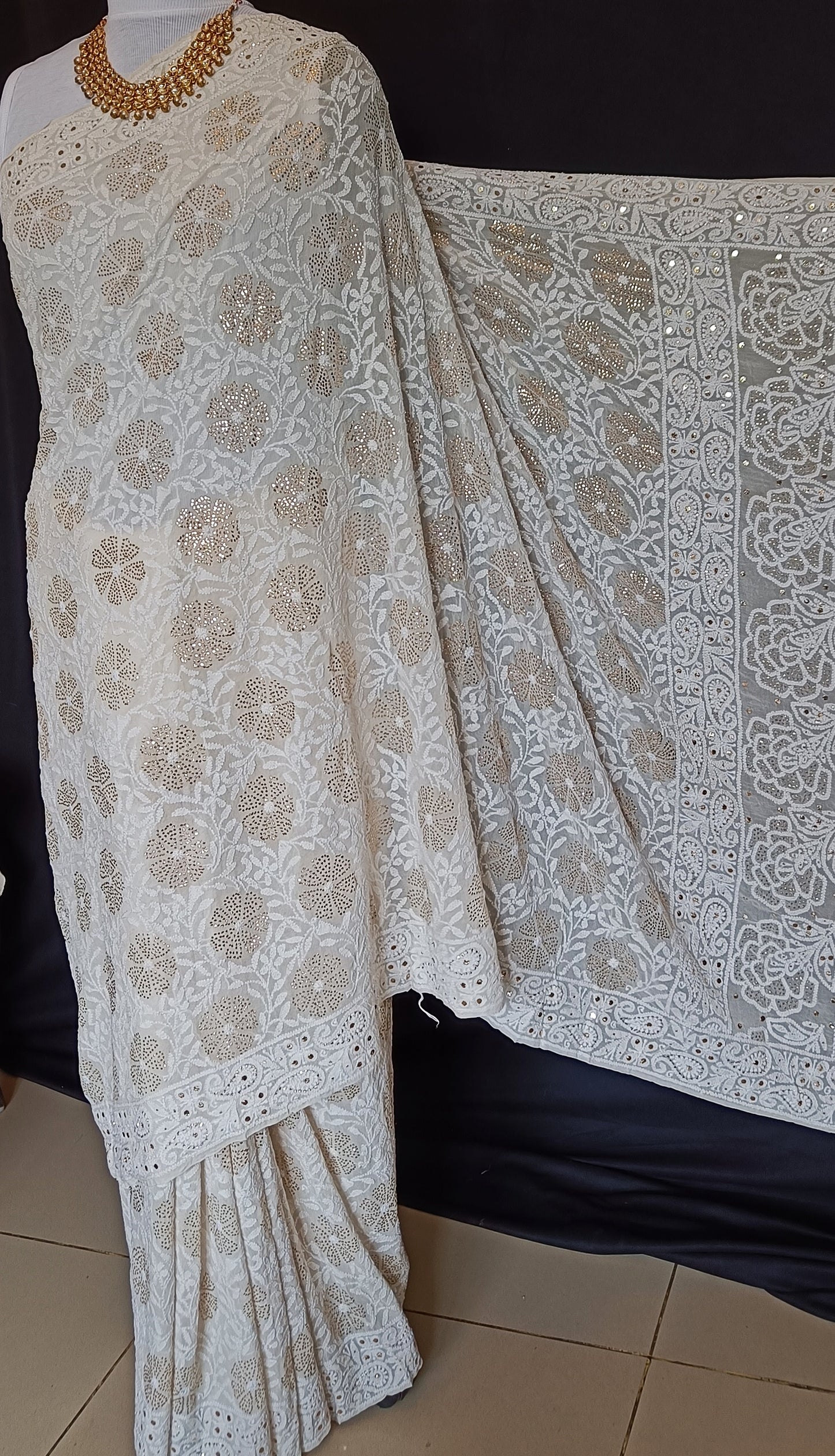 Ruhani Ivory Allover Chikankari and Mukaish Saree