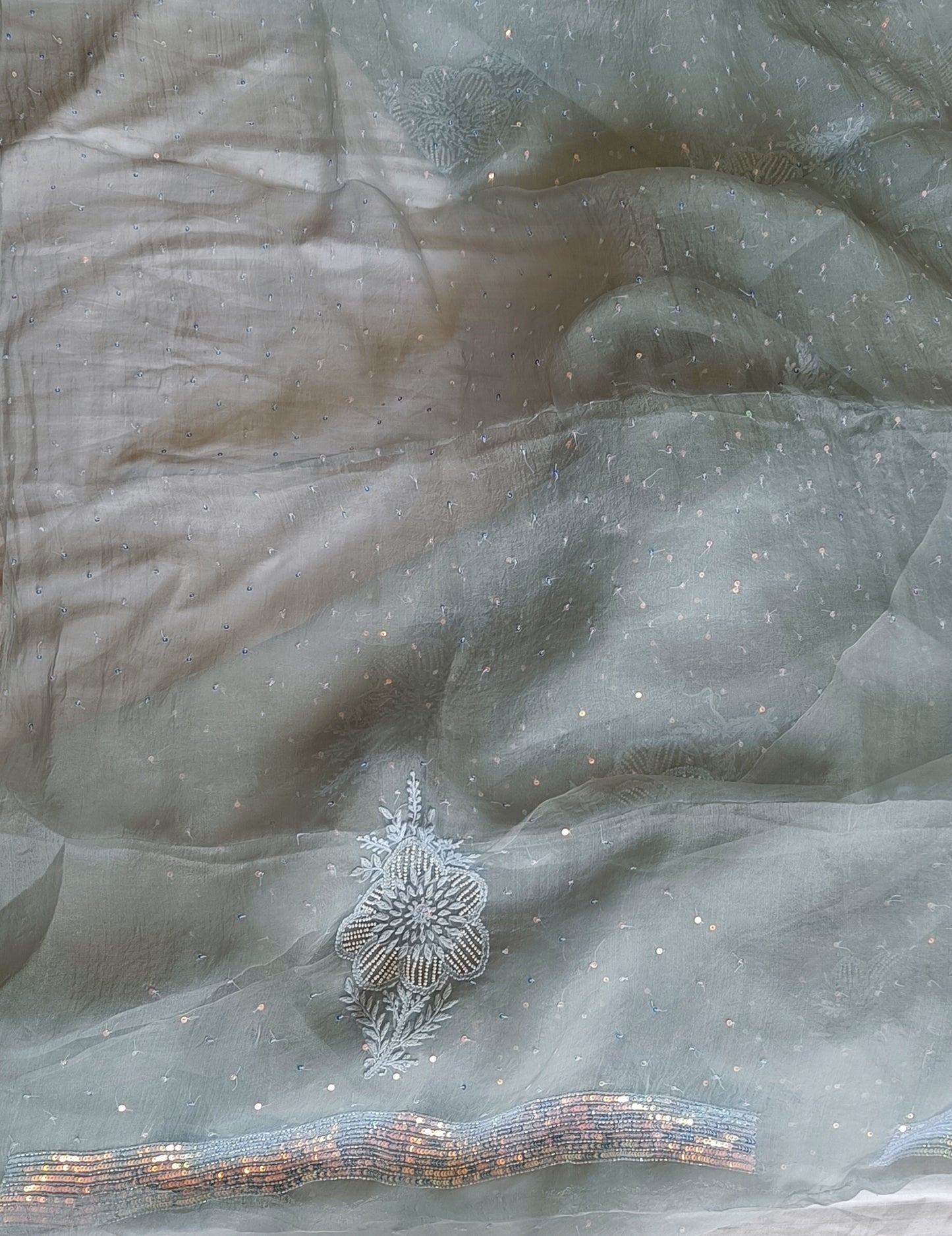 Ruhani Light Grey Pure Organza Saree with Allover Pearl and Sequins