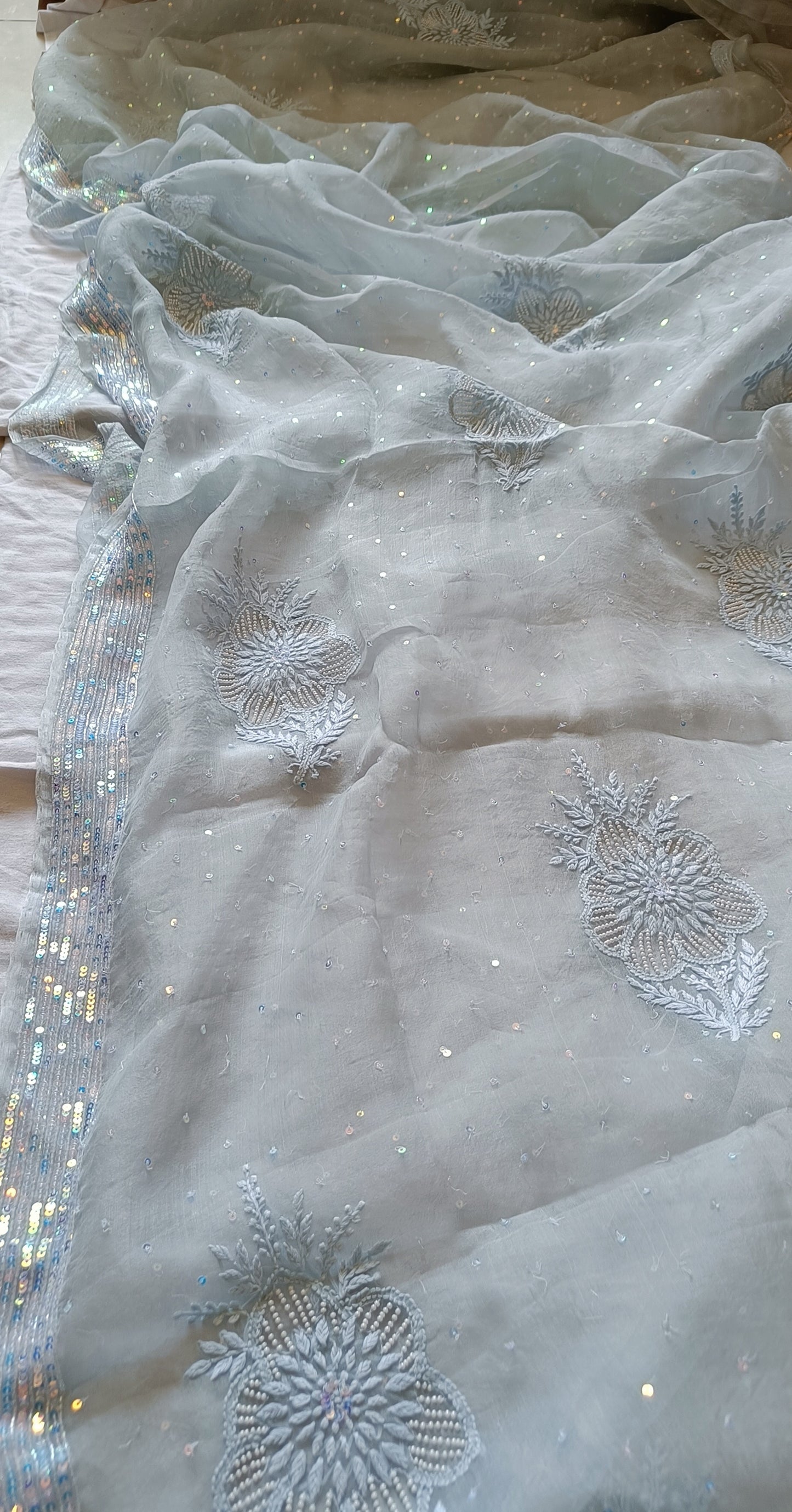 Ruhani Light Grey Pure Organza Saree with Allover Pearl and Sequins
