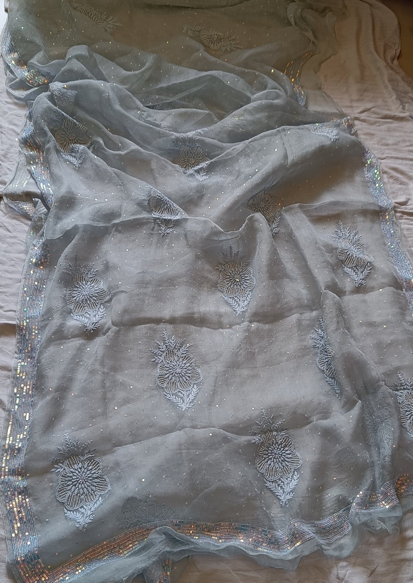 Ruhani Light Grey Pure Organza Saree with Allover Pearl and Sequins