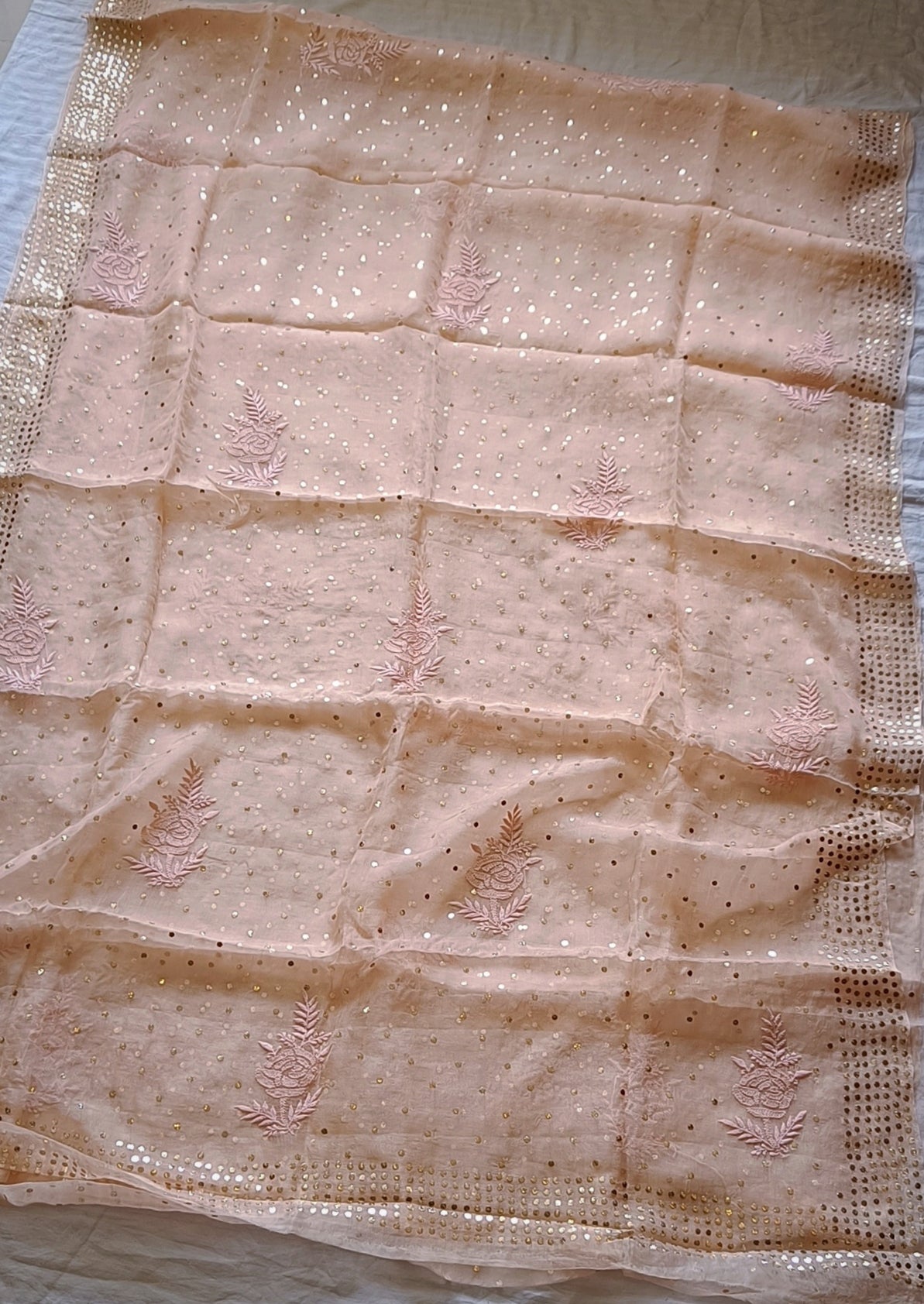 Ruhani Peachy Pure Organza Saree with Allover Chikankari and Mukaish