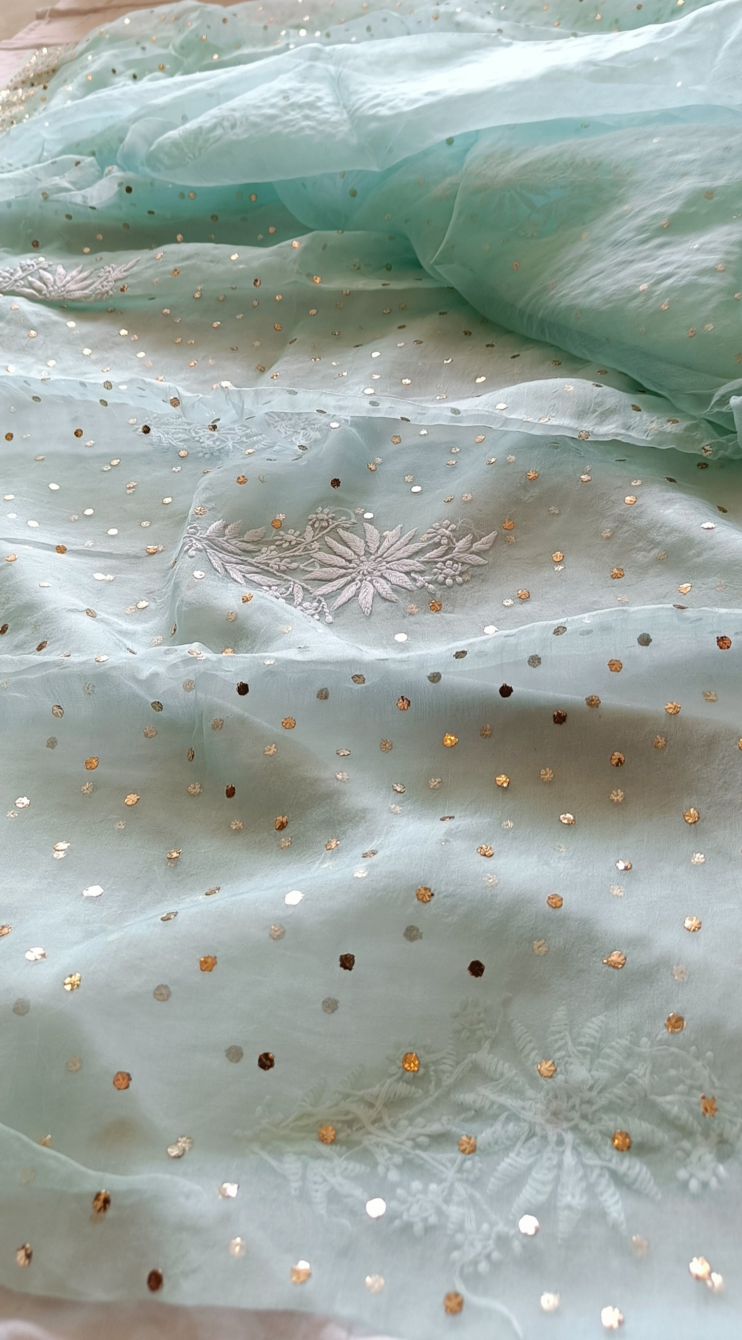 Ruhani Sea Green Pure Organza Saree with Allover Chikankari and Mukaish
