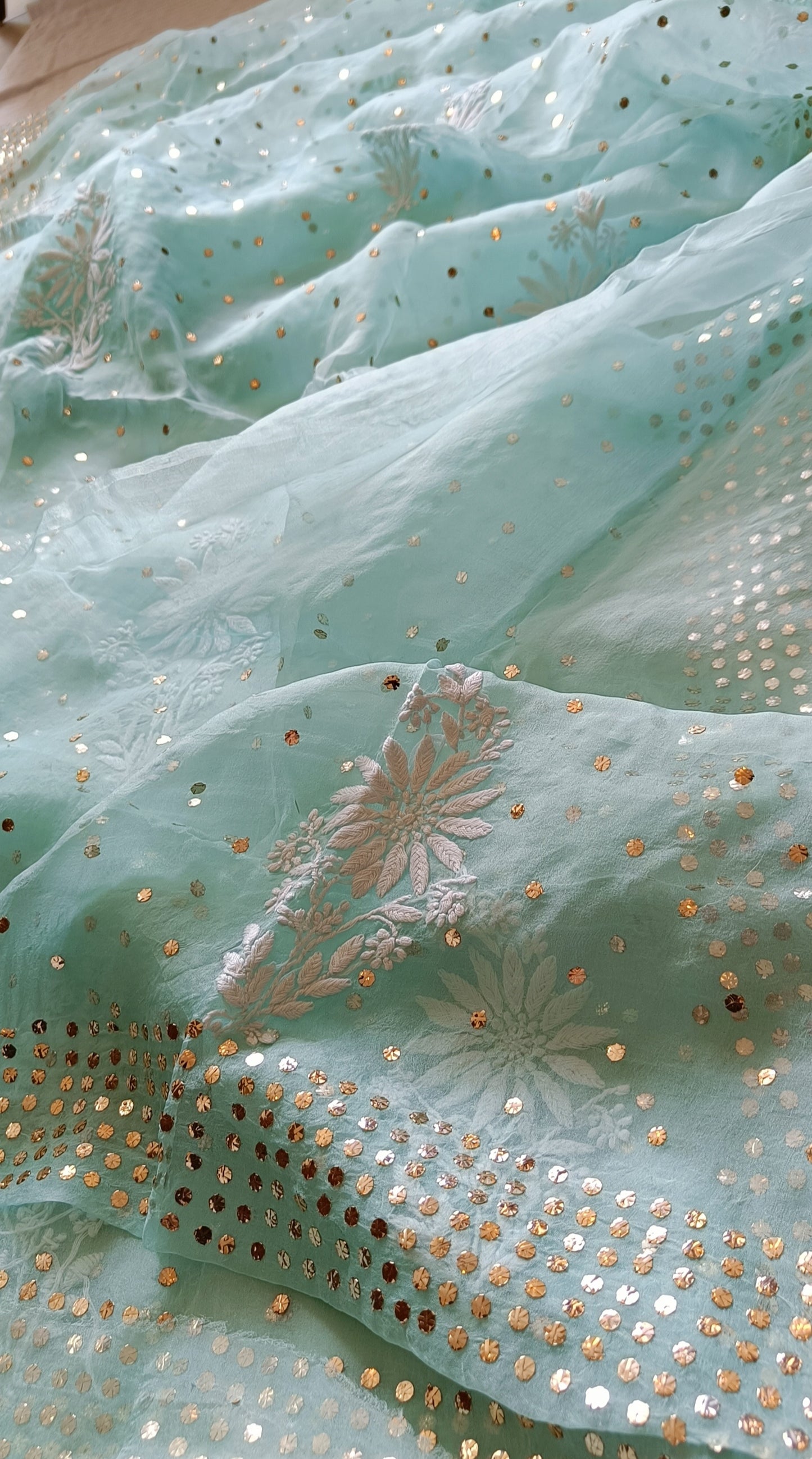 Ruhani Sea Green Pure Organza Saree with Allover Chikankari and Mukaish