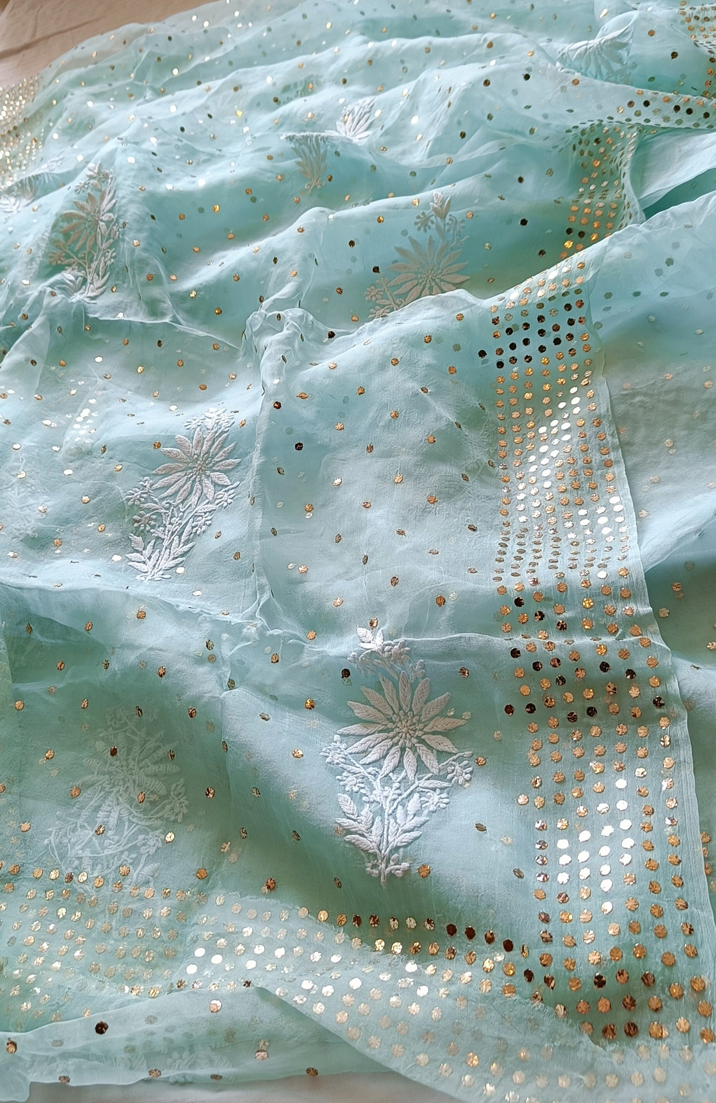 Ruhani Sea Green Pure Organza Saree with Allover Chikankari and Mukaish