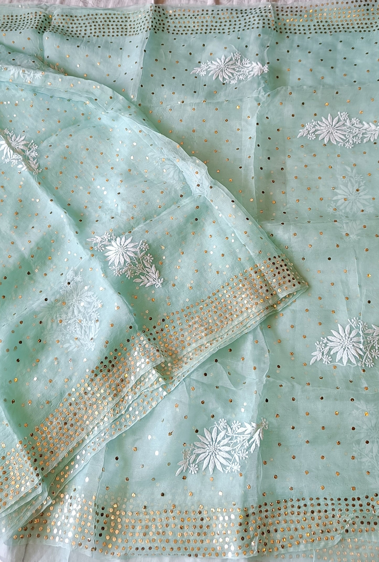 Ruhani Sea Green Pure Organza Saree with Allover Chikankari and Mukaish