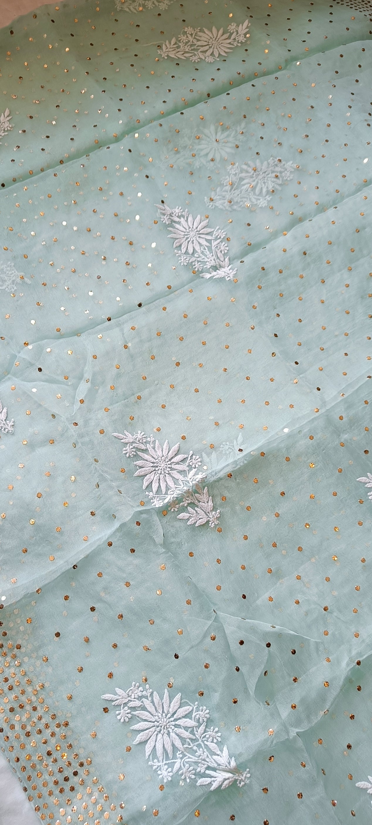 Ruhani Sea Green Pure Organza Saree with Allover Chikankari and Mukaish