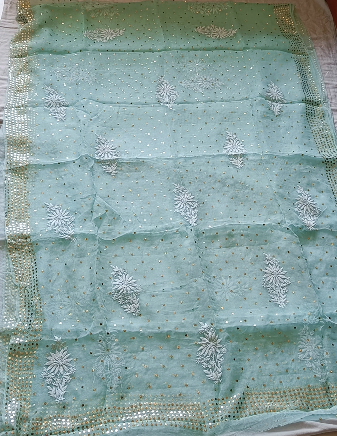 Ruhani Sea Green Pure Organza Saree with Allover Chikankari and Mukaish