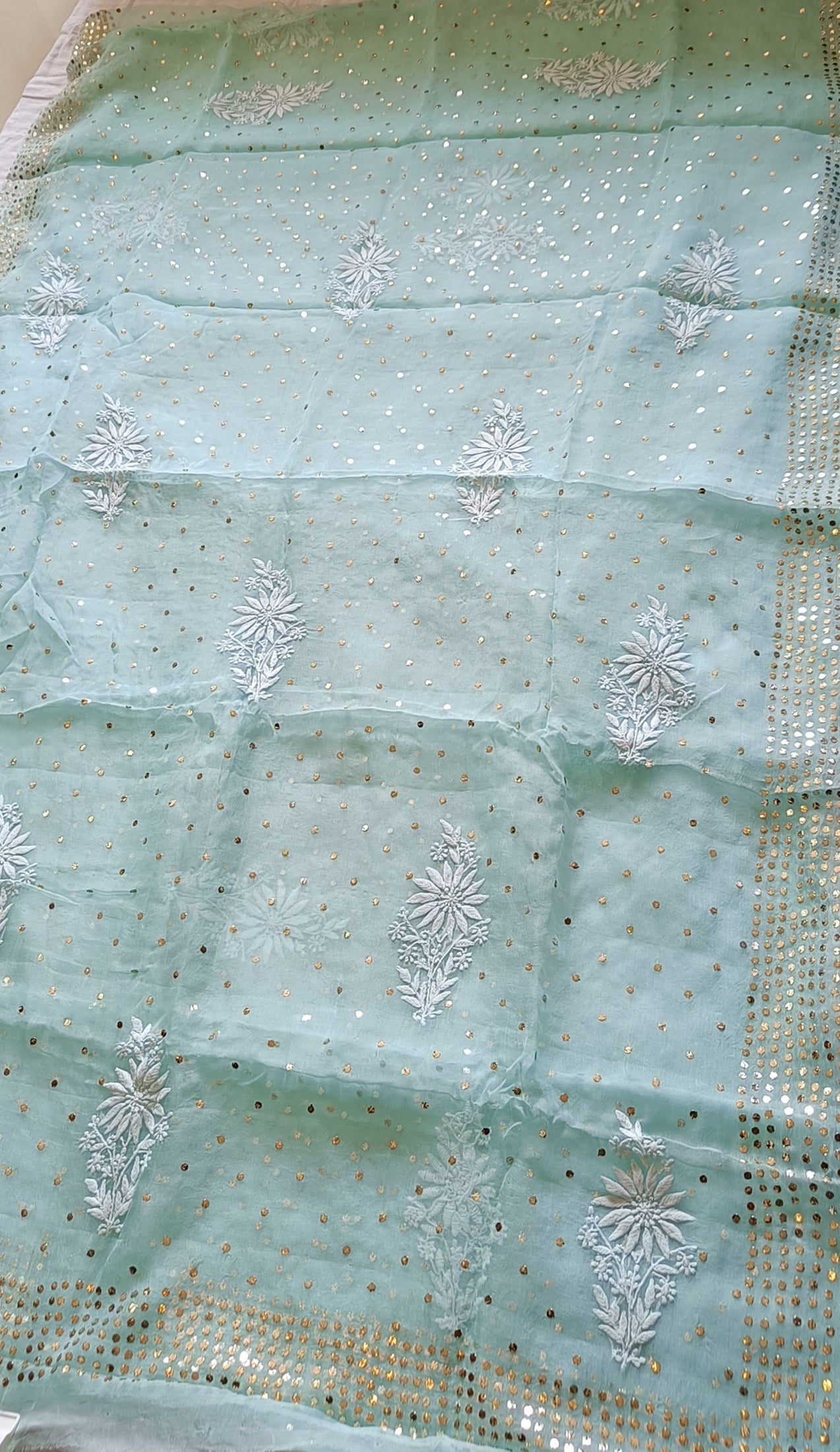 Ruhani Sea Green Pure Organza Saree with Allover Chikankari and Mukaish