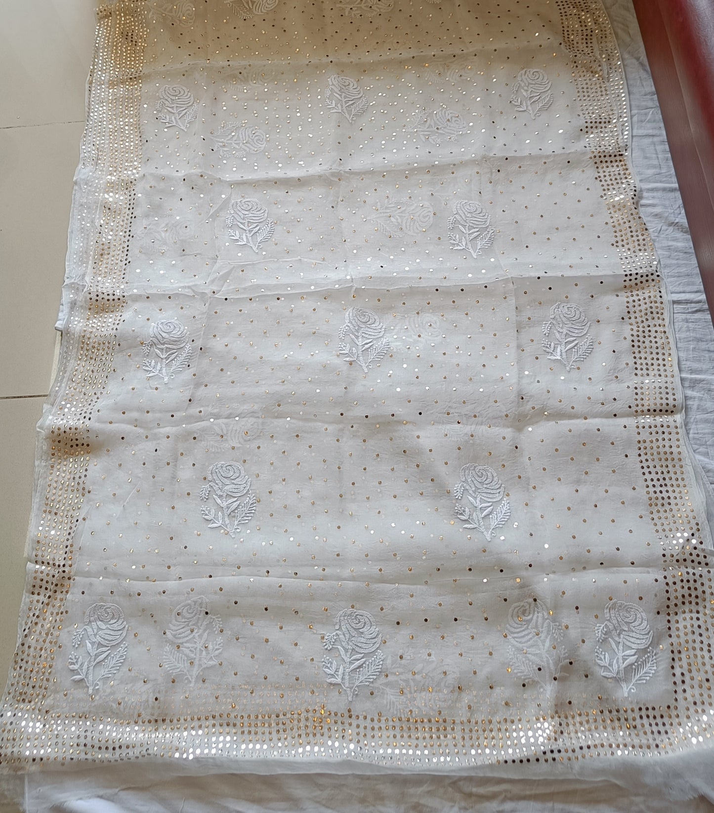 Ruhani Ivory Pure Organza Saree with Allover Chikankari and Mukaish