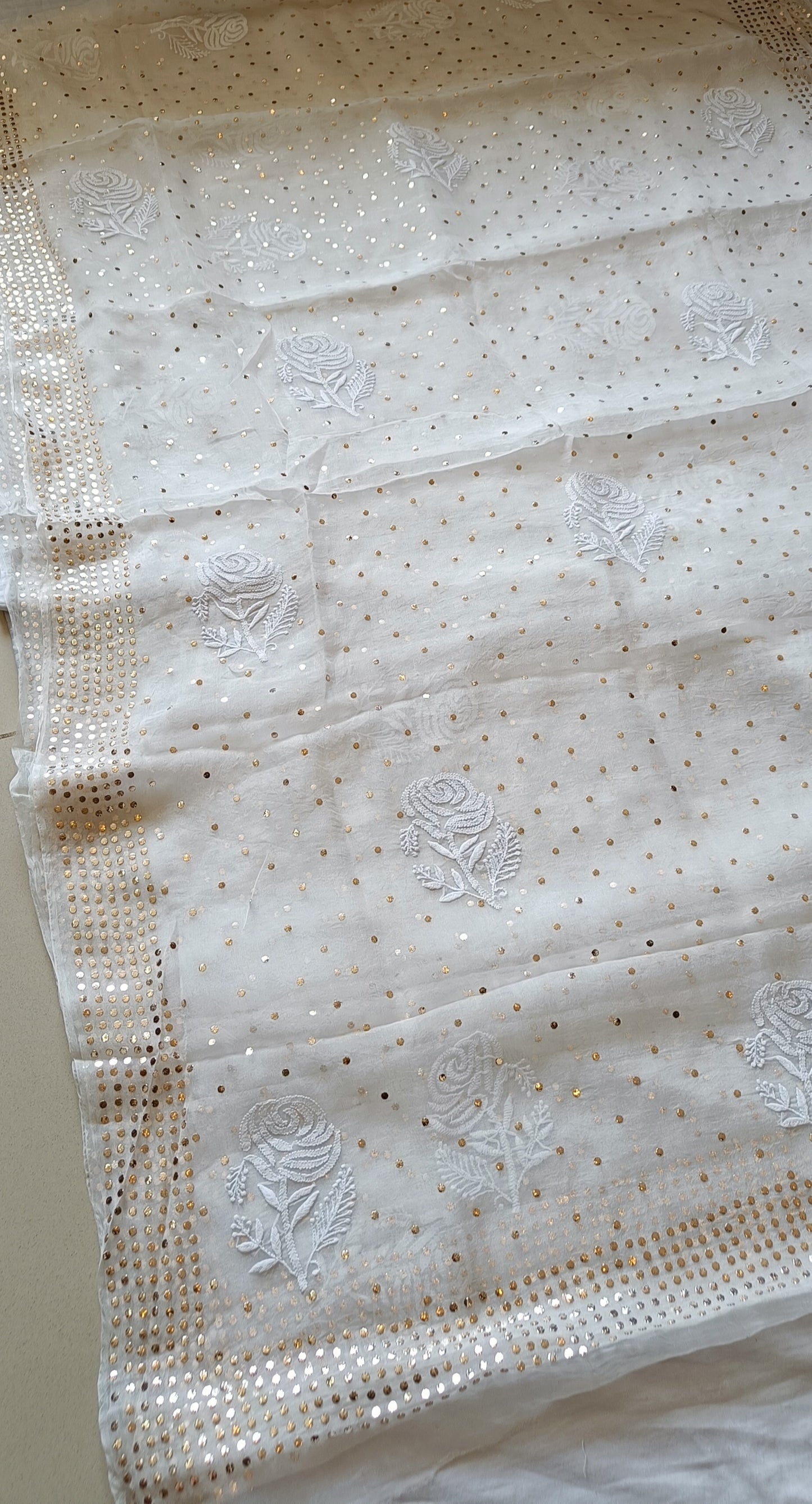 Ruhani Ivory Pure Organza Saree with Allover Chikankari and Mukaish