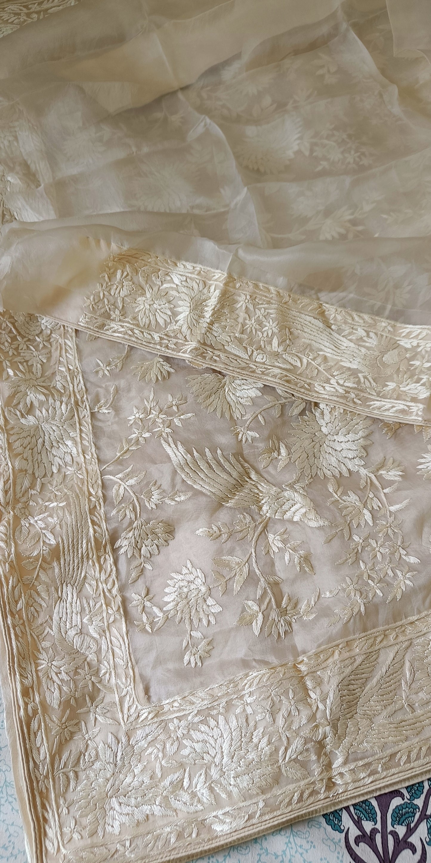 Cream Masterpiece Parsi Gara Hand Embroidered Pure Organza Saree