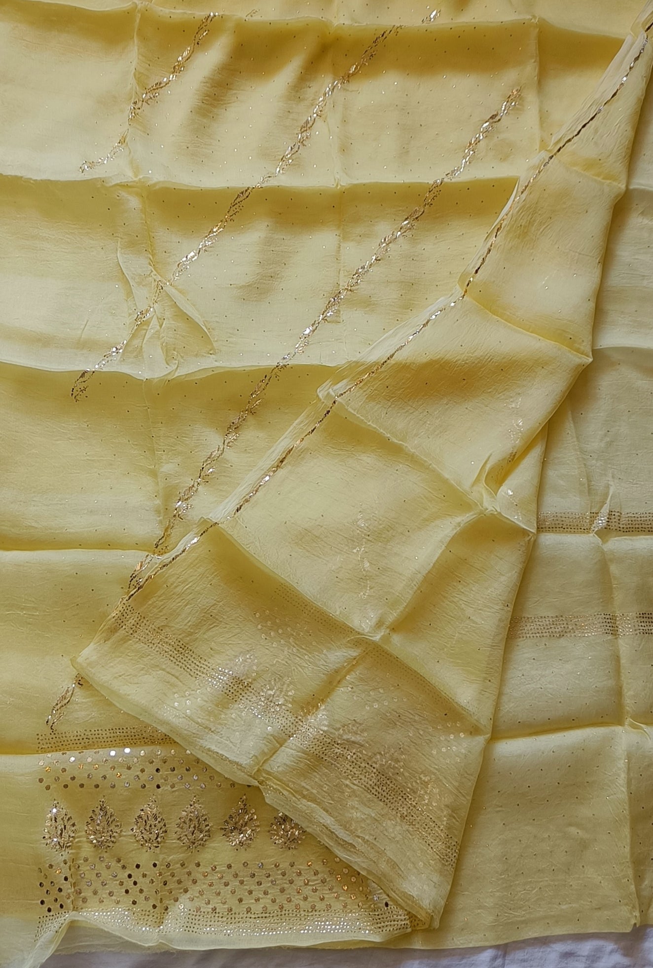 Lemon Yellow Pure Organza Allover Mukaish Kurta and Dupatta set
