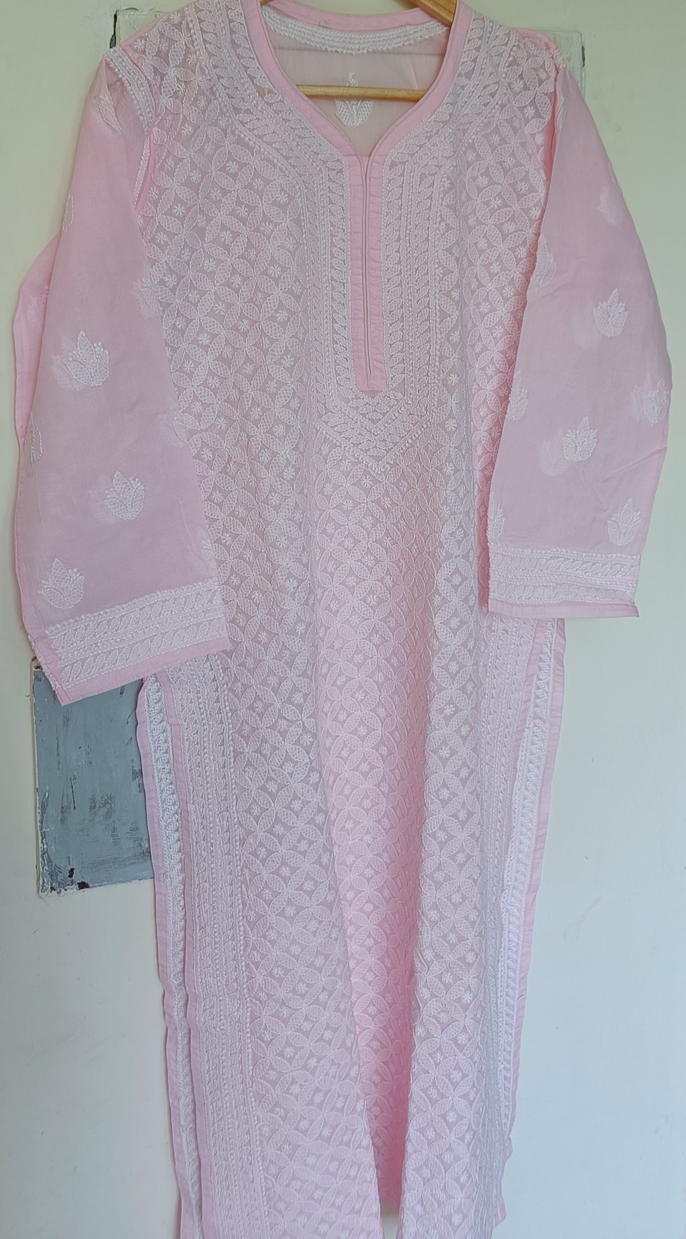 Designer Cotton Baby Pink Chikan Long Kurti Kurta SC912 Size 44