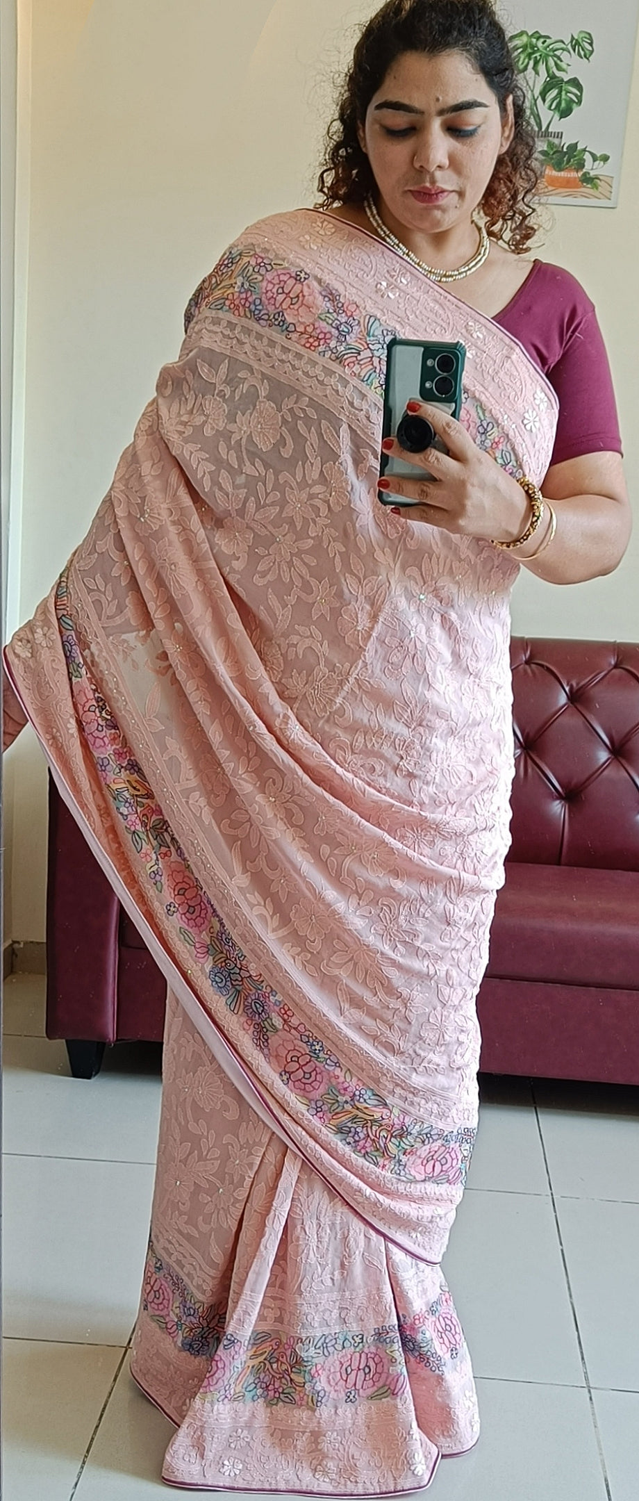 Blush Peach Pure Georgette Saree with Allover Masterpiece Shadow Embroidery