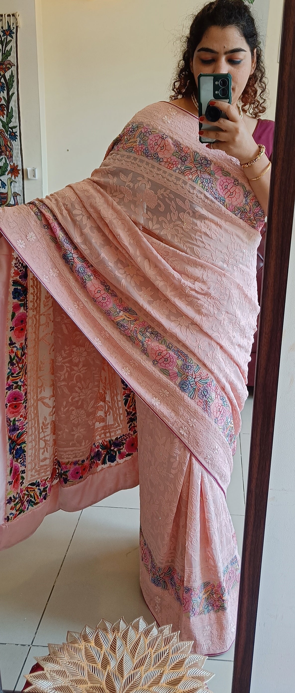 Blush Peach Pure Georgette Saree with Allover Masterpiece Shadow Embroidery
