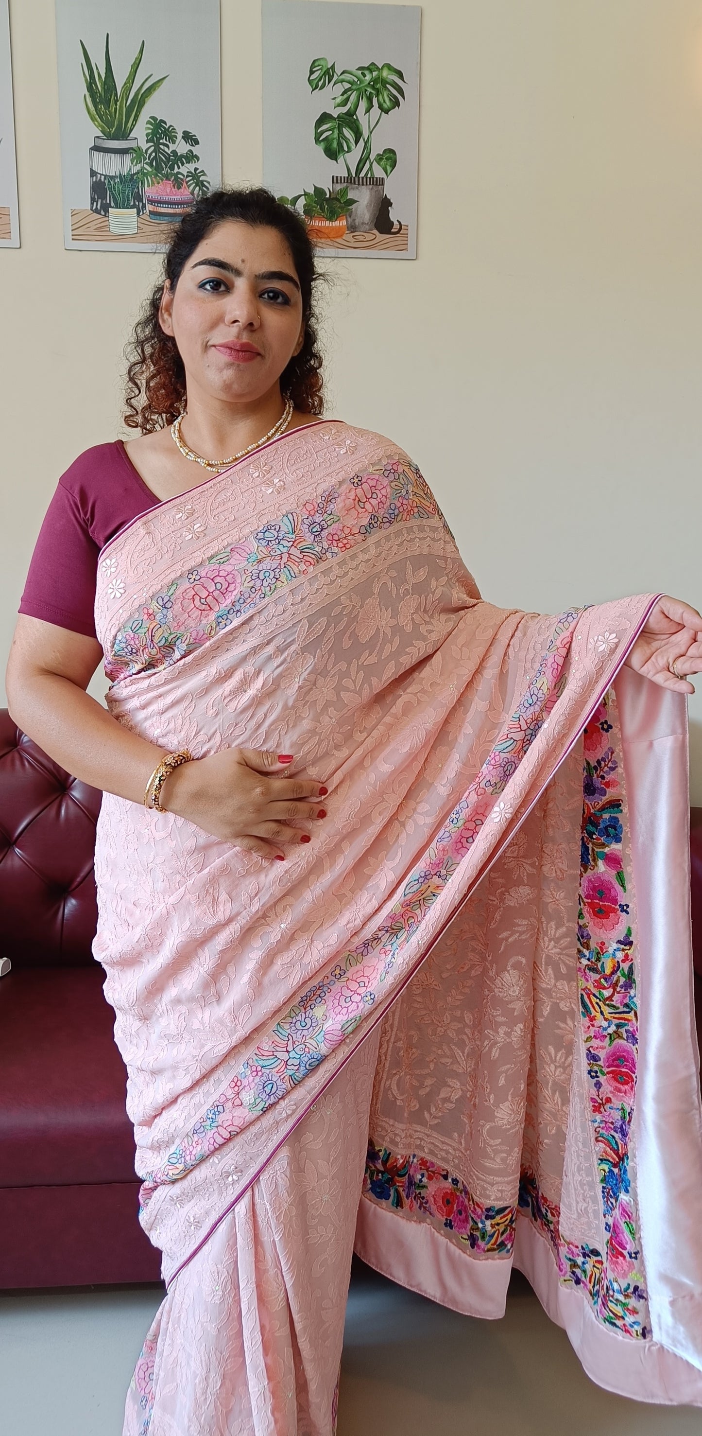 Blush Peach Pure Georgette Saree with Allover Masterpiece Shadow Embroidery