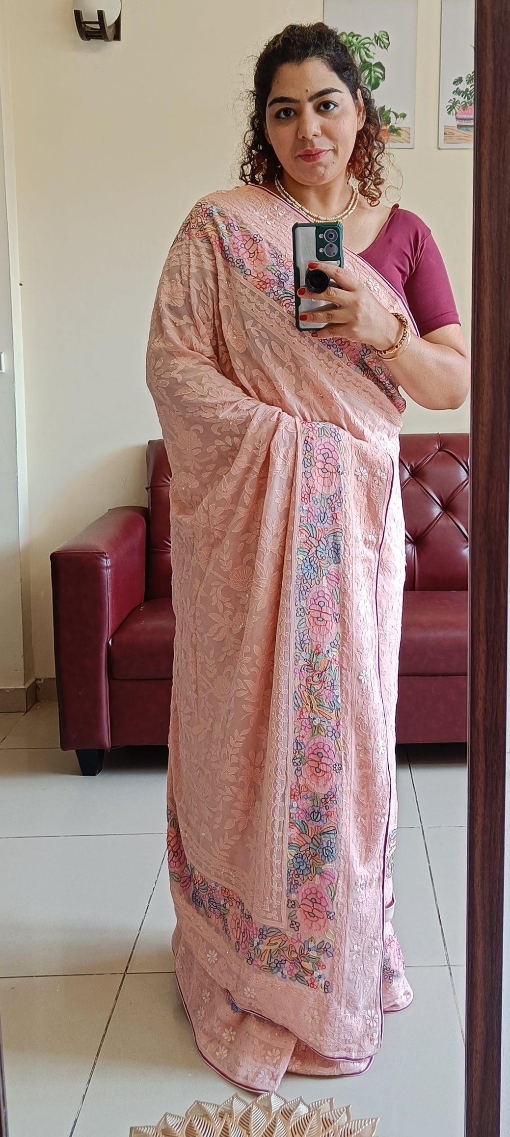 Blush Peach Pure Georgette Saree with Allover Masterpiece Shadow Embroidery
