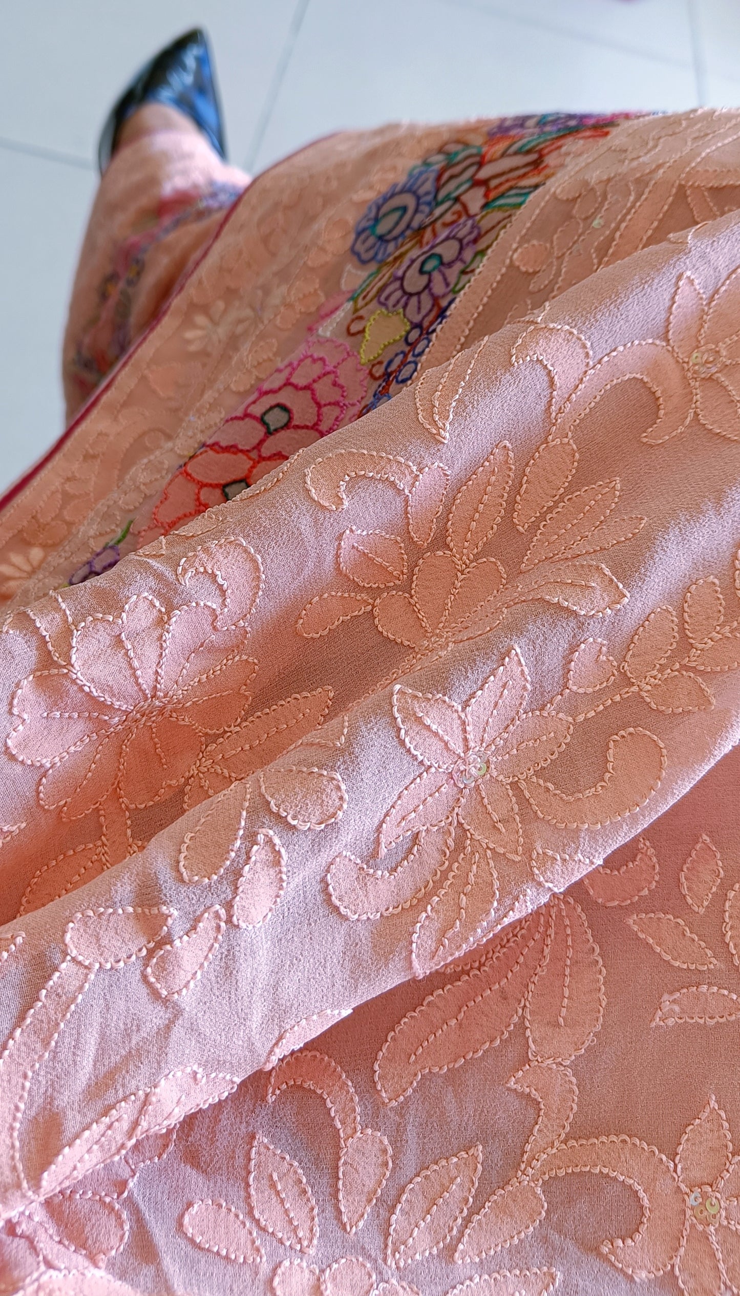 Blush Peach Pure Georgette Saree with Allover Masterpiece Shadow Embroidery