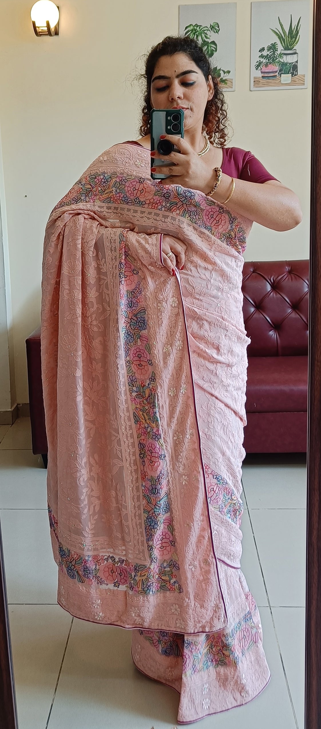 Blush Peach Pure Georgette Saree with Allover Masterpiece Shadow Embroidery