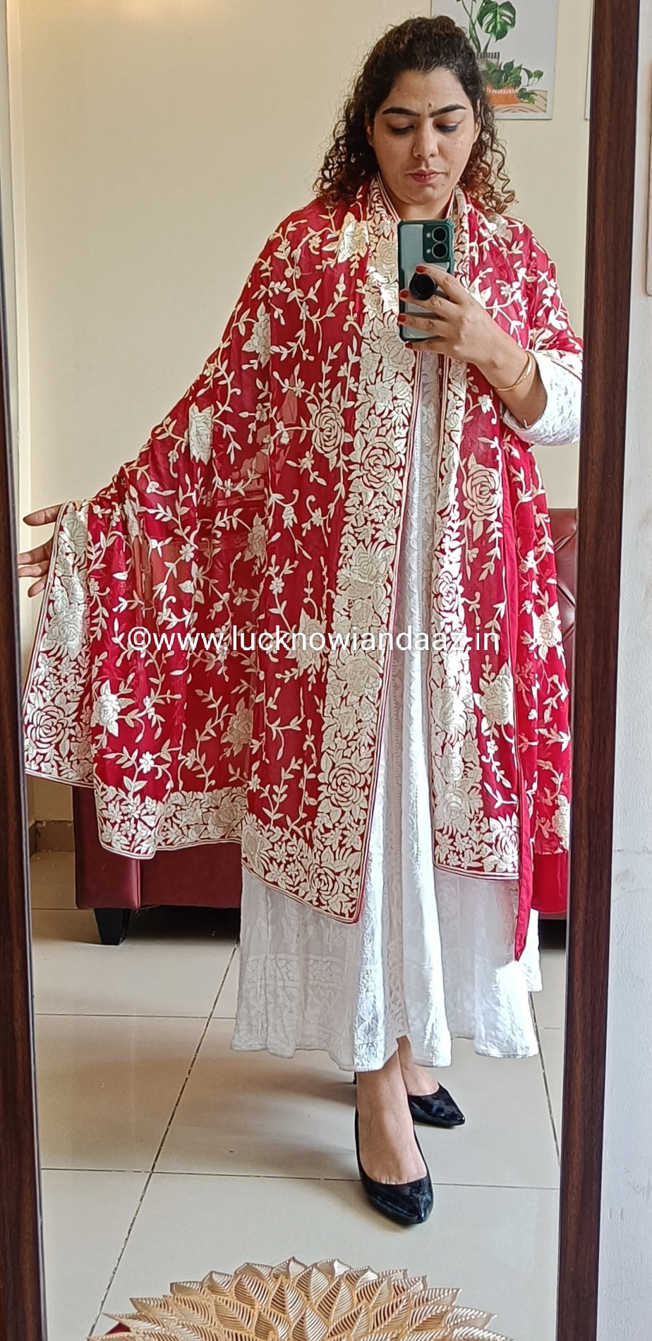 Red Pure Georgette Heirloom Dupatta with Allover Masterpiece Parsi Gara