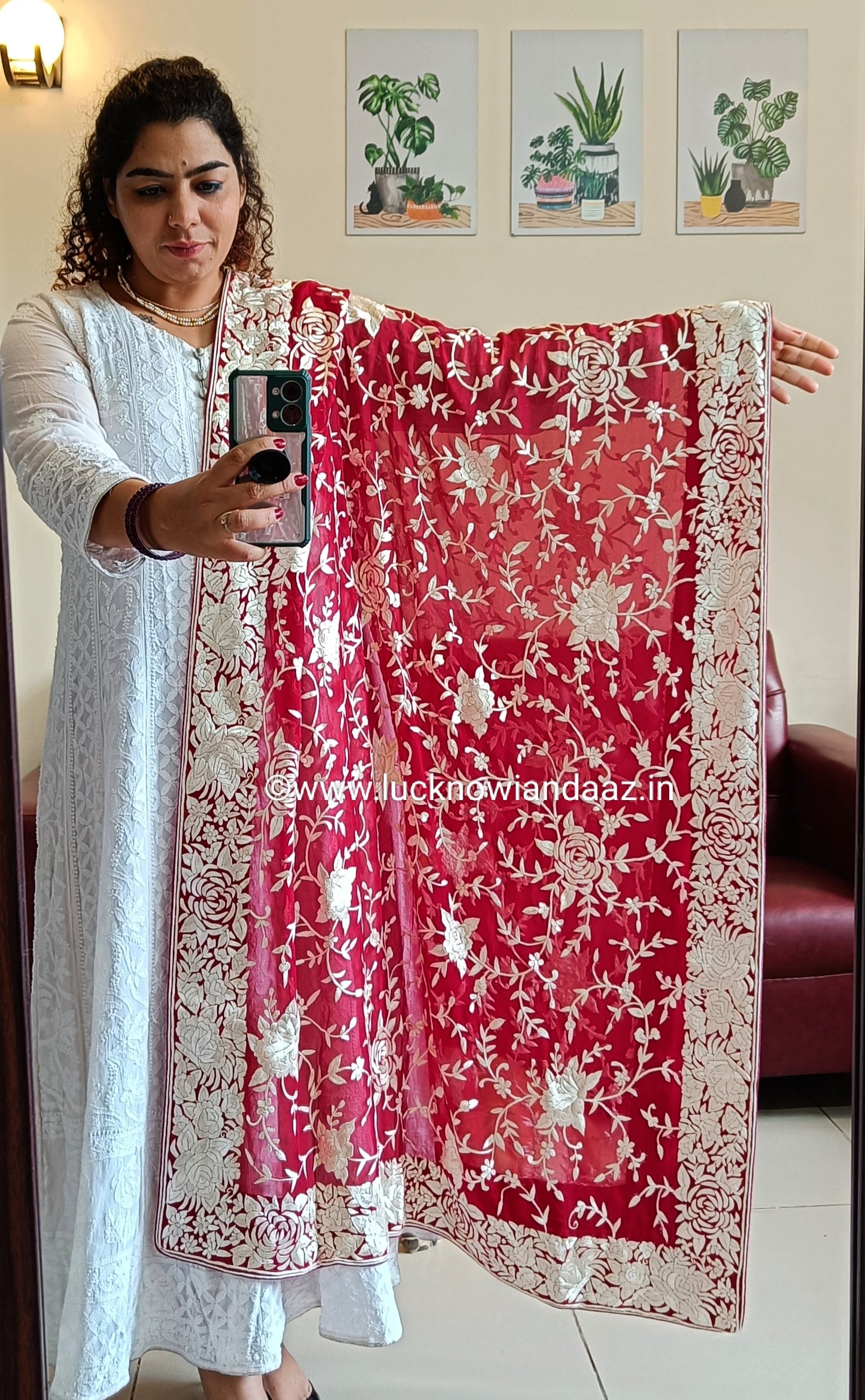 Red Pure Georgette Heirloom Dupatta with Allover Masterpiece Parsi Gara