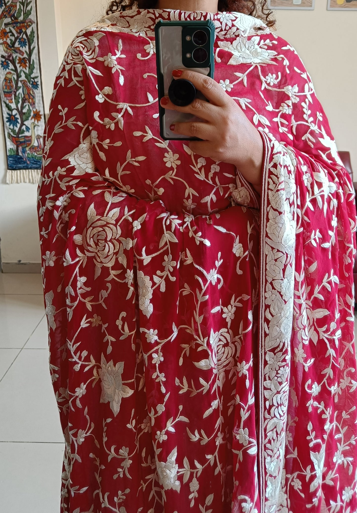 Red Pure Georgette Heirloom Dupatta with Allover Masterpiece Parsi Gara