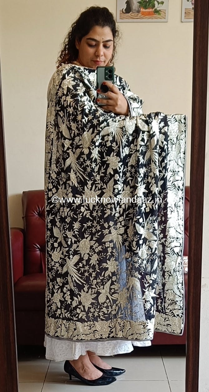 Navy Blue and Ivory Masterpiece Parsi Gara Hand Embroidered Dupatta