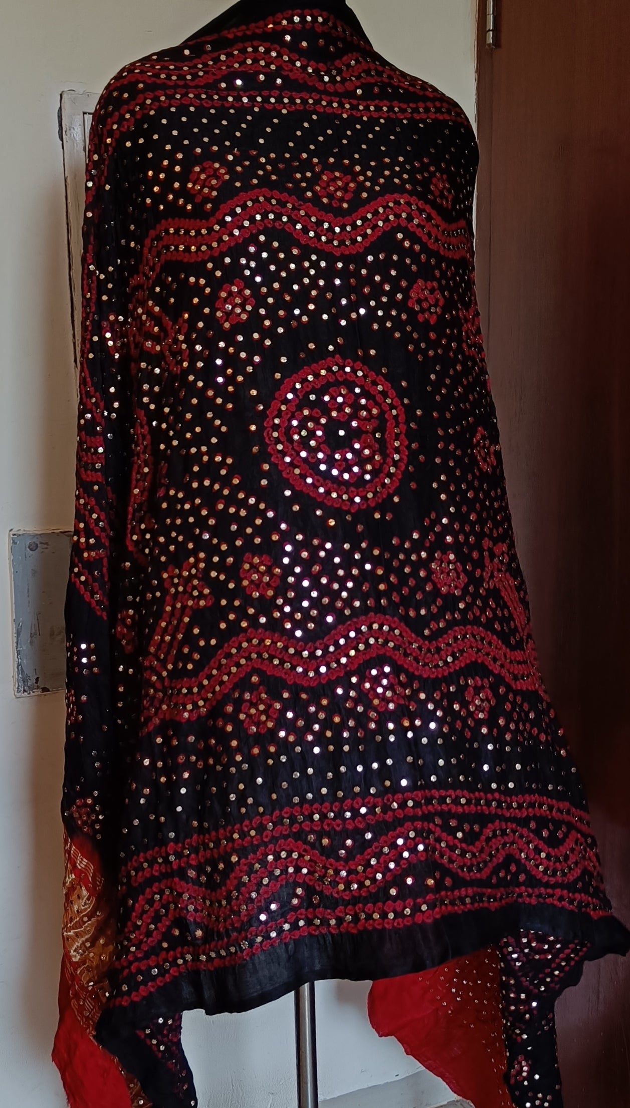Black and Red Gajji Silk Bandhej dupatta with heavy mukaish work