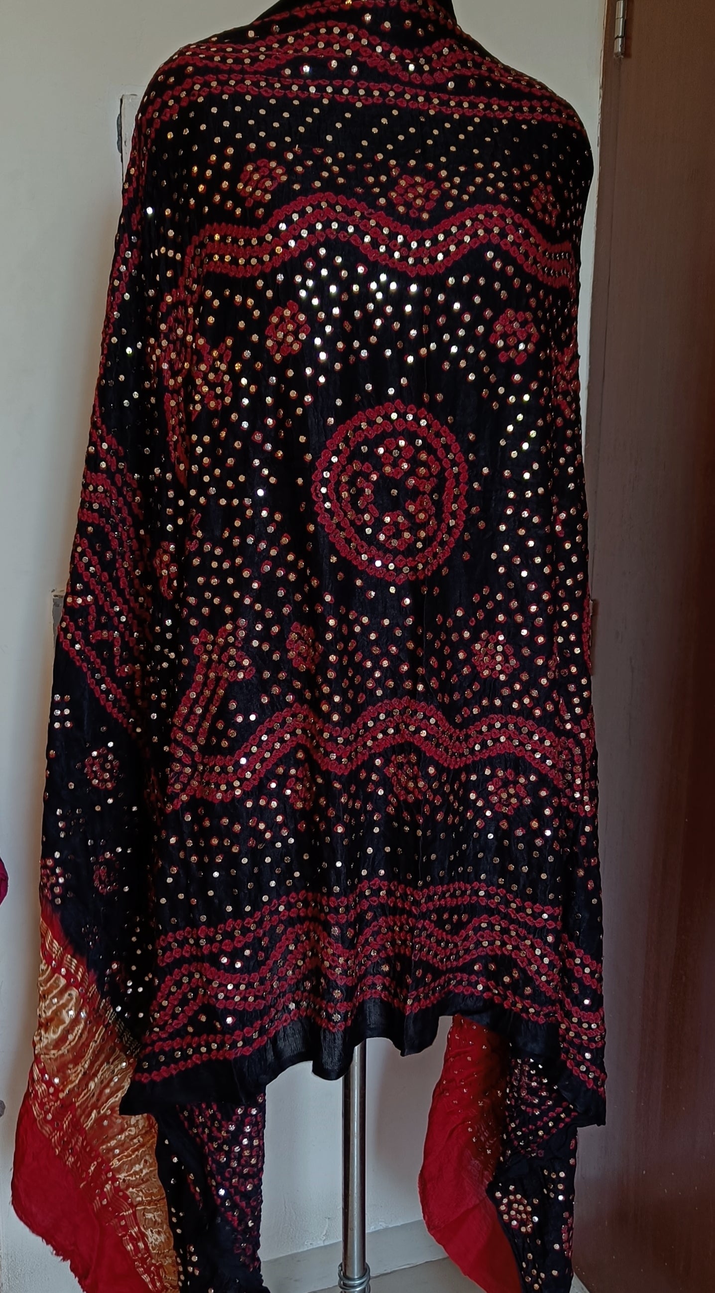 Black and Red Gajji Silk Bandhej dupatta with heavy mukaish work