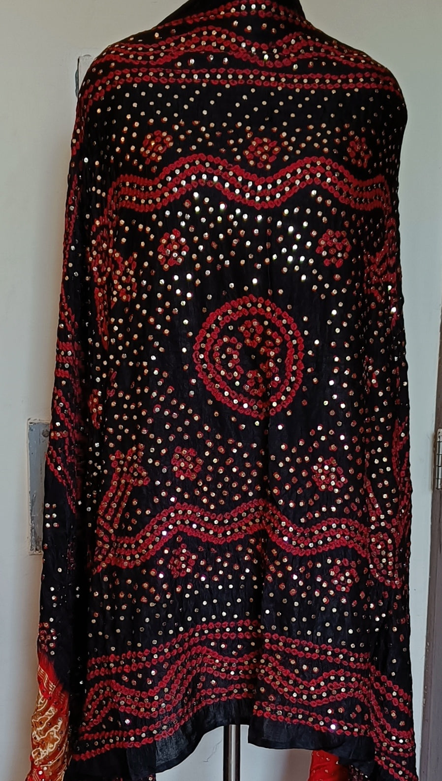 Black and Red Gajji Silk Bandhej dupatta with heavy mukaish work