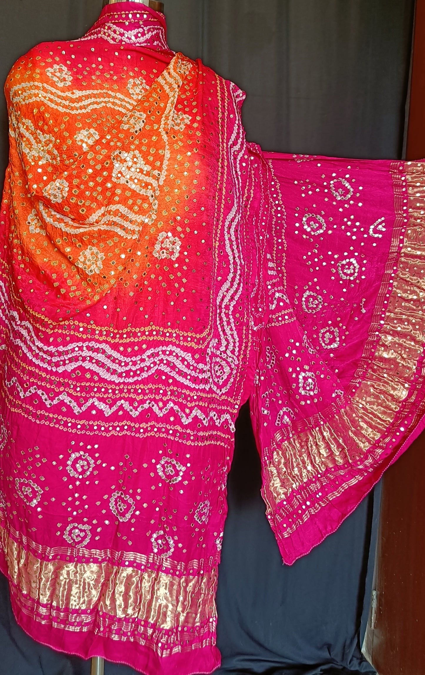 Pink and Orange Bandhej Dupatta with Allover Mukaish