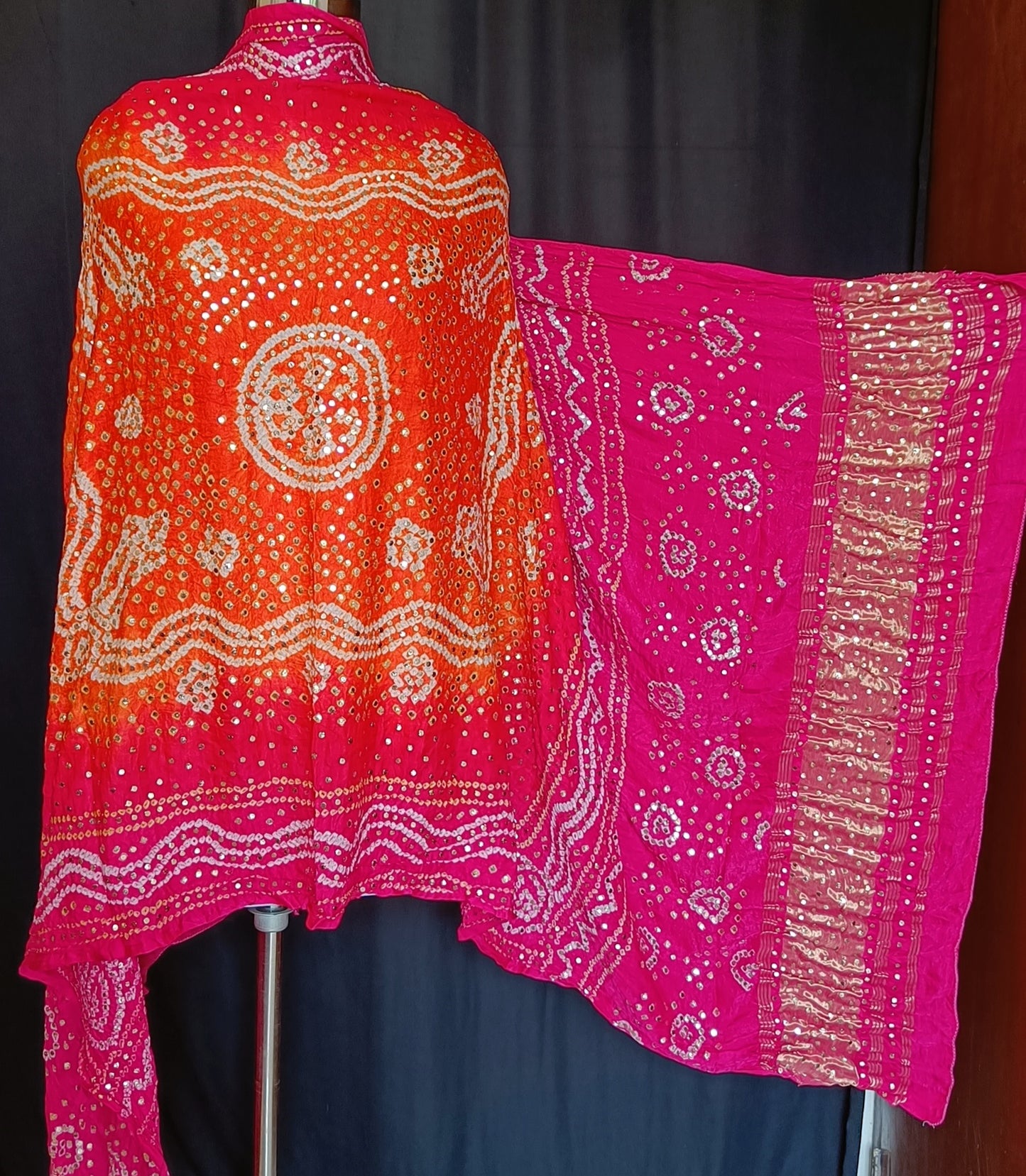 Pink and Orange Bandhej Dupatta with Allover Mukaish