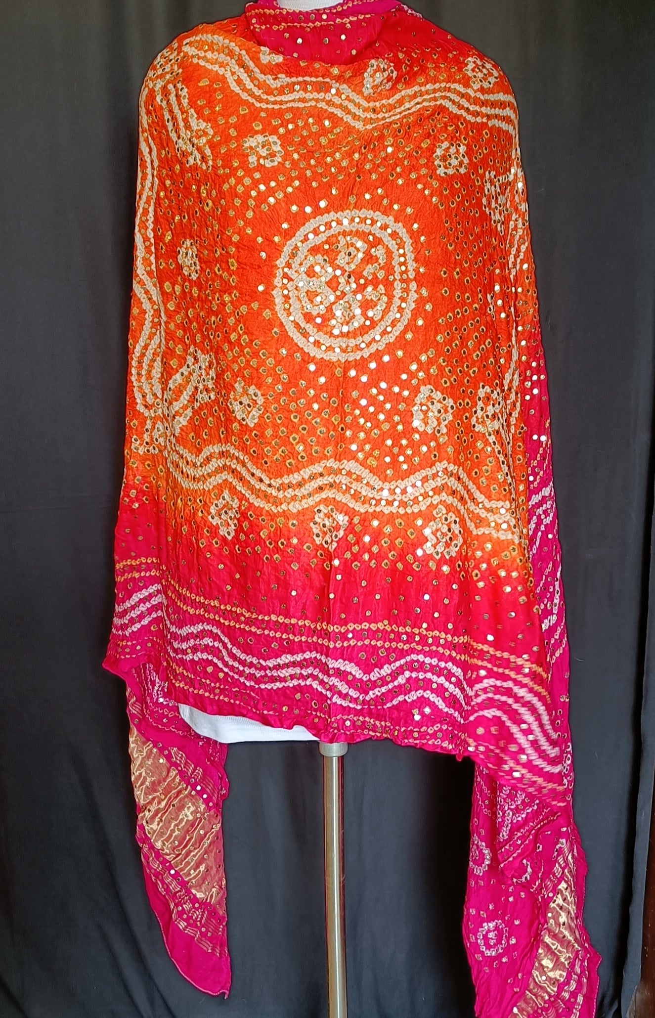Pink and Orange Bandhej Dupatta with Allover Mukaish