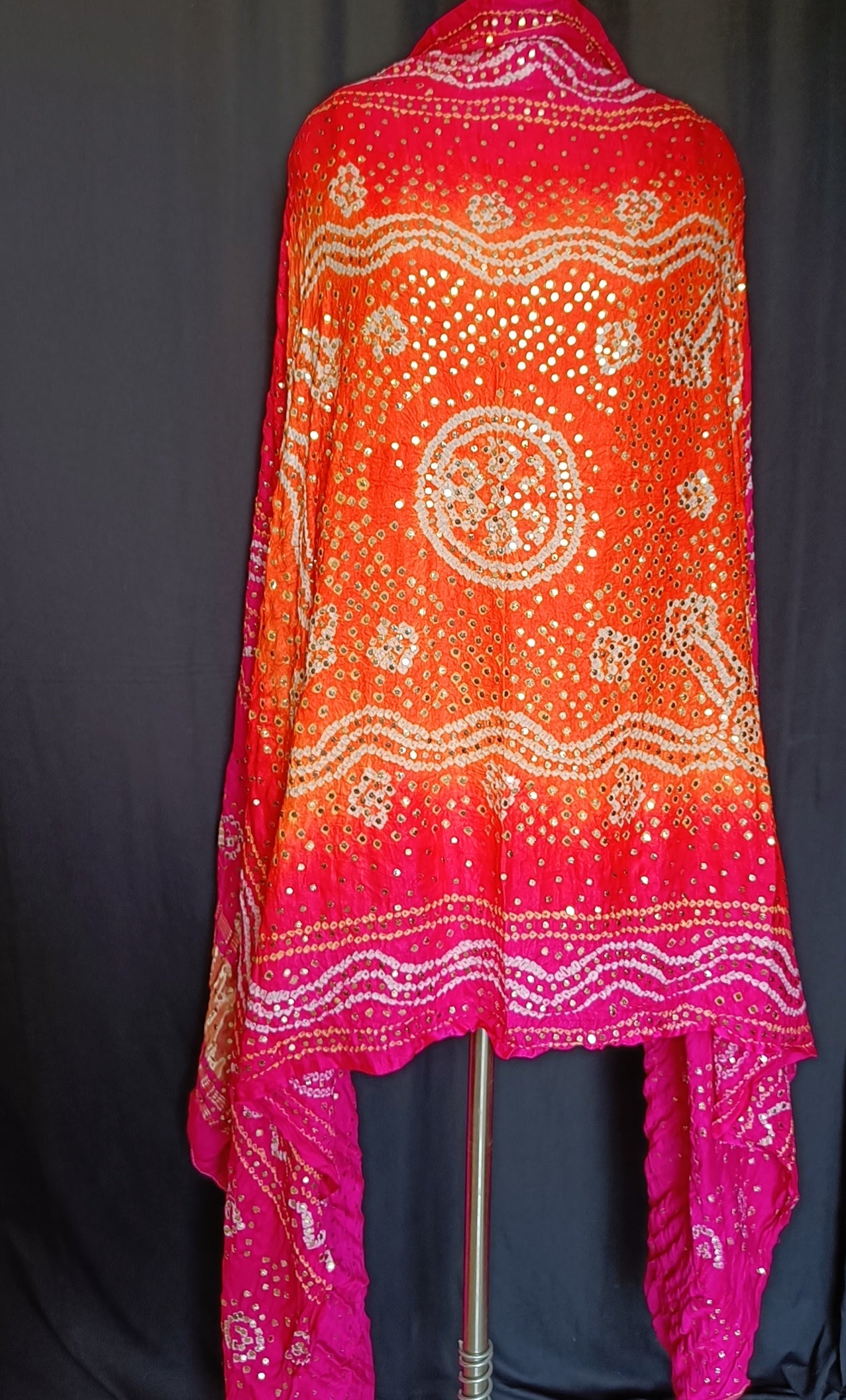 Pink and Orange Bandhej Dupatta with Allover Mukaish