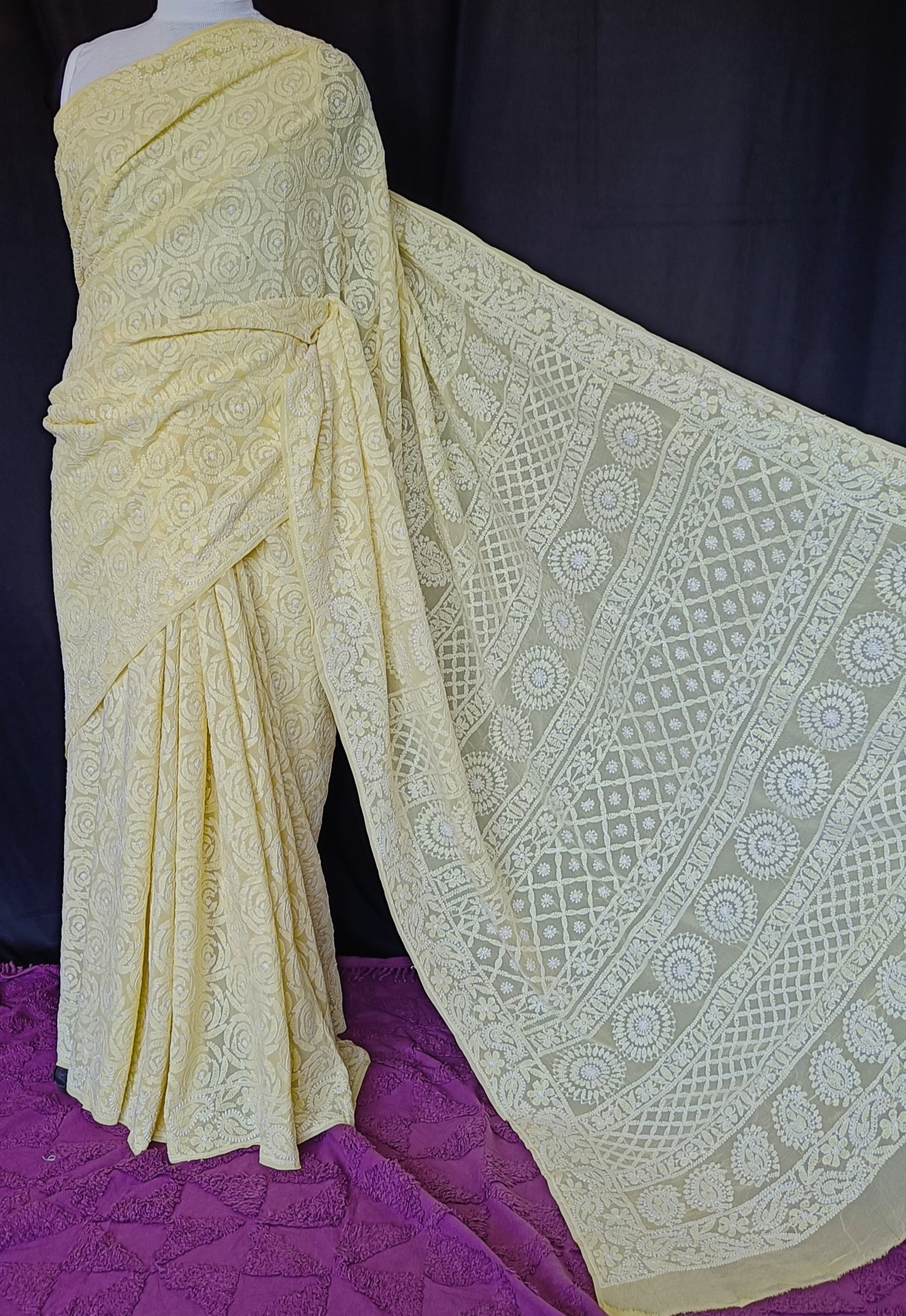 Ruhani Yellow Rose Saree with Allover Chikankari Hand Embroidery