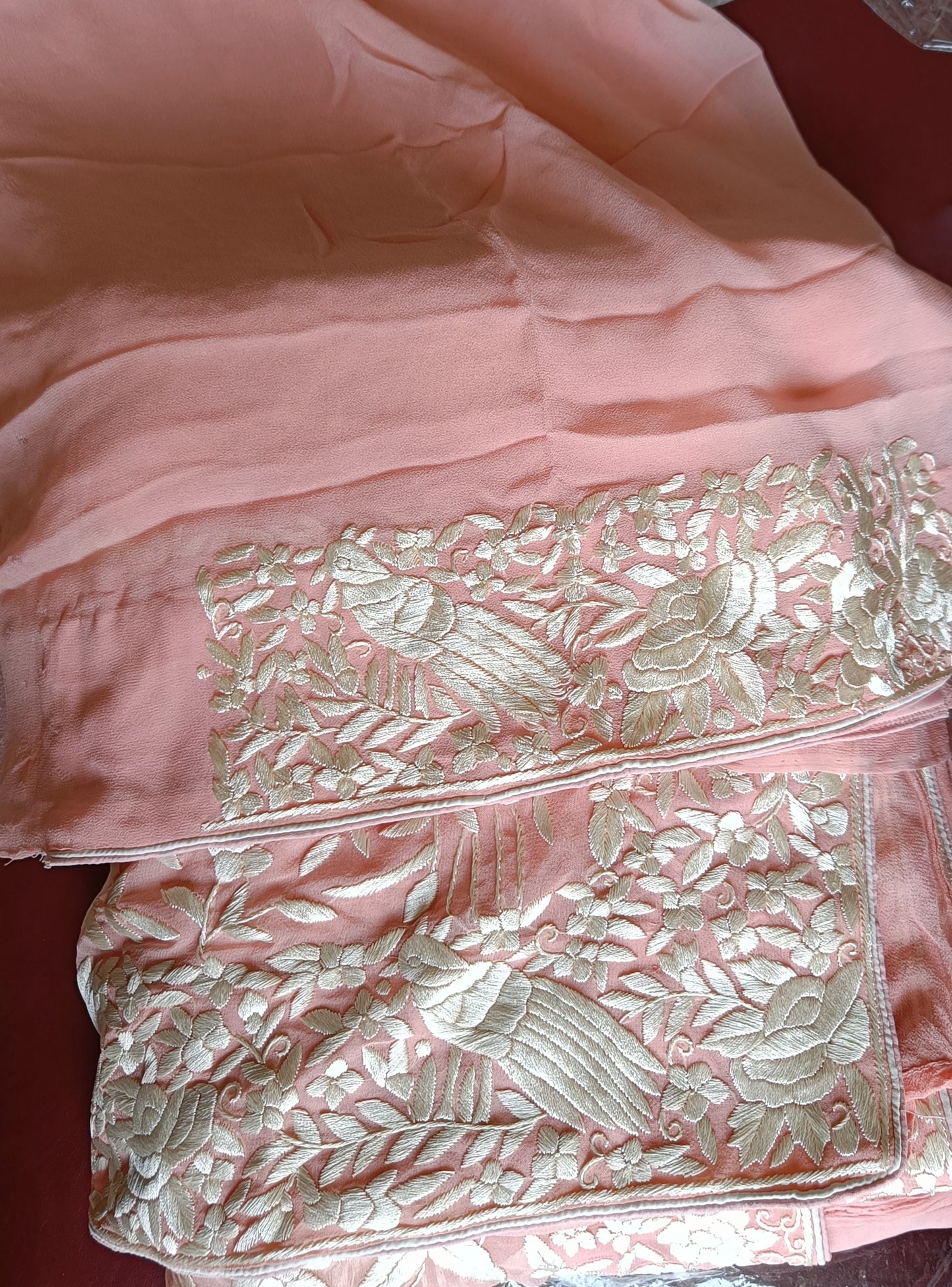 Peachy Pink Masterpiece Parsi Gara Pure Georgette Saree