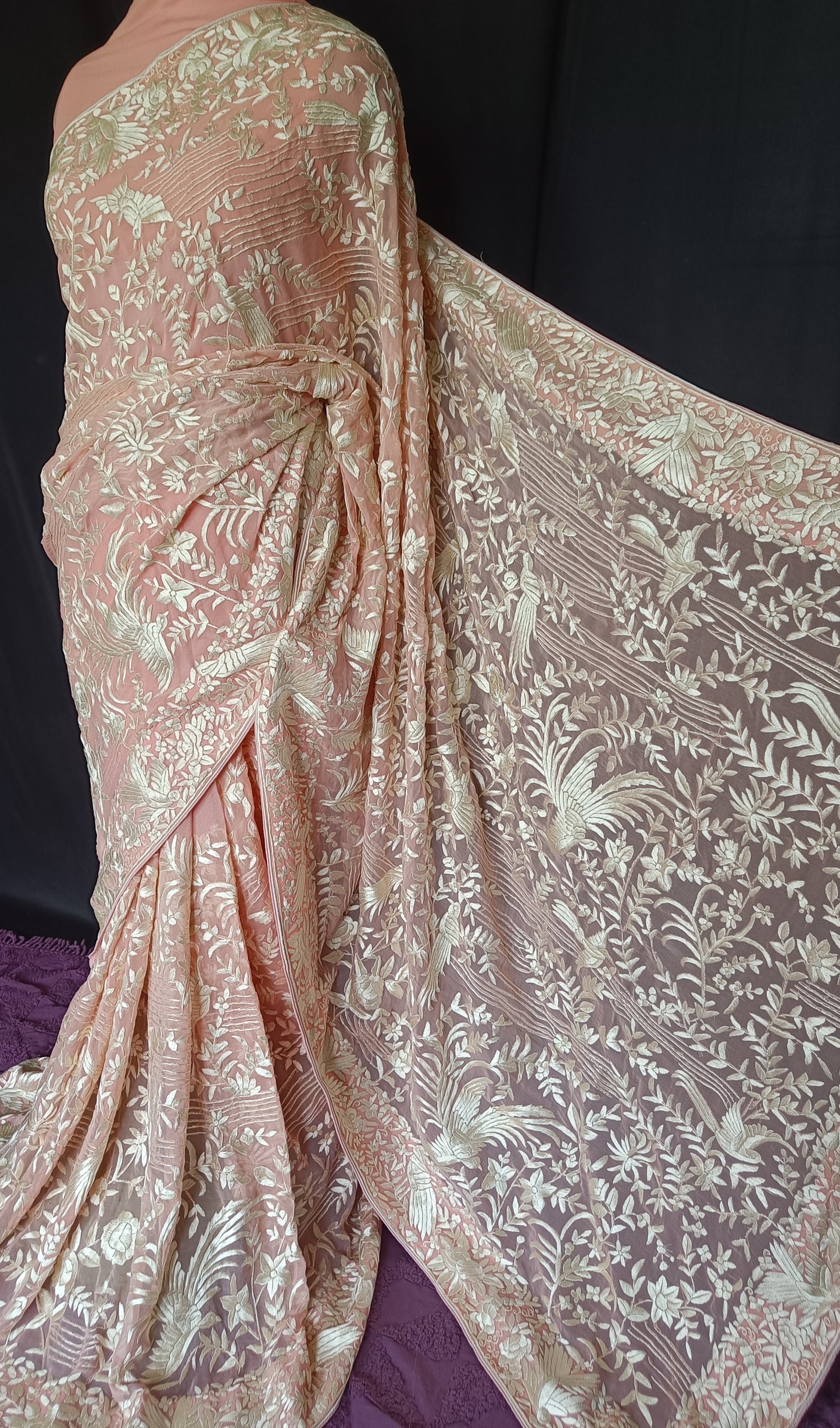 Peachy Pink Masterpiece Parsi Gara Pure Georgette Saree
